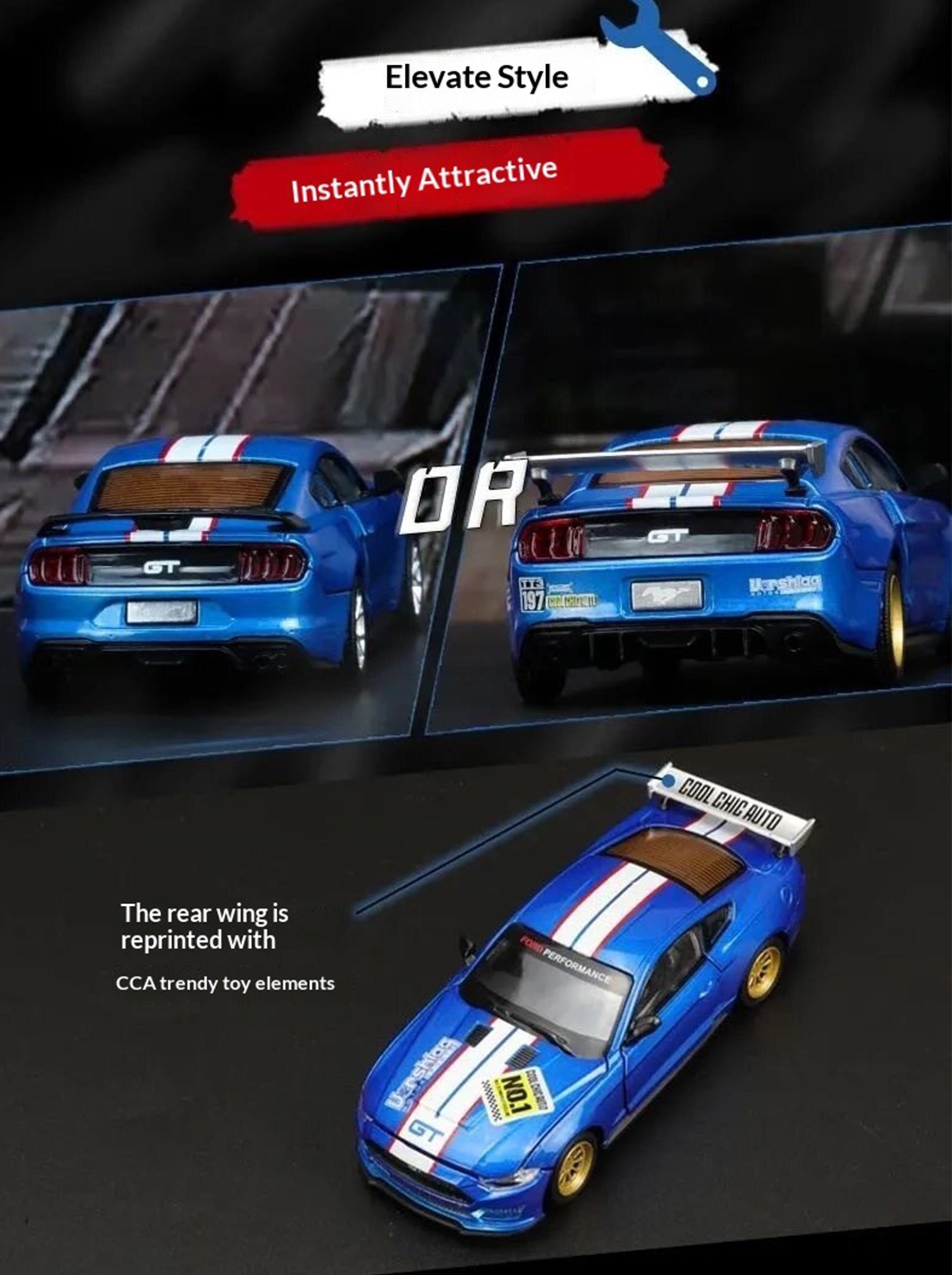CCA Classic Blue 2018 Ford Mustang GT Voiture Miniature en Métal 1:42 - Kit DIY avec Portes Ouvertes, Intérieur Détaillé, Cadeau de Collection