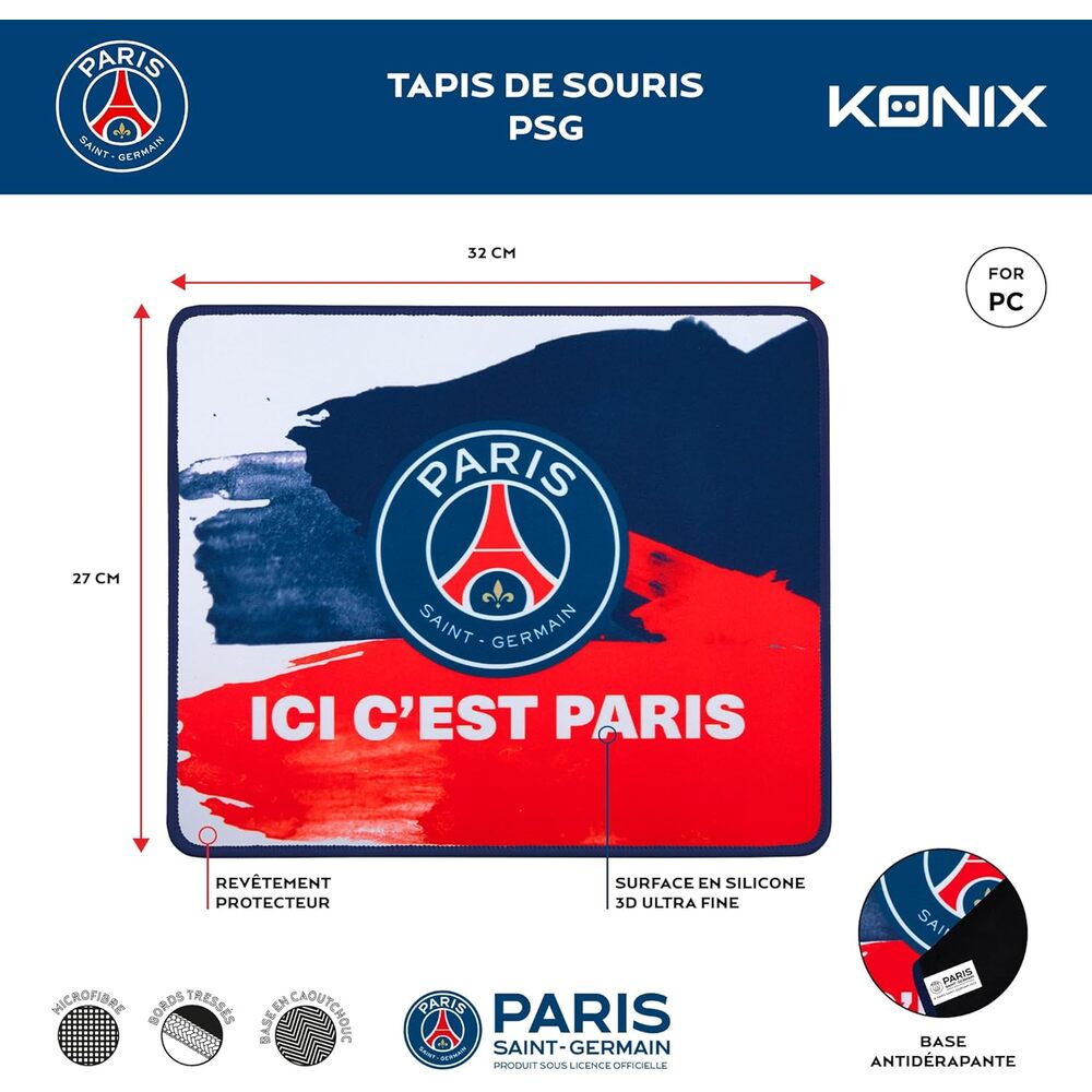 Konix PSG Tapis de souris gaming 32 x 27 cm - Surface en silicone 3D ultra fine - Base antidérapante - Motif "Ici c'est Paris"