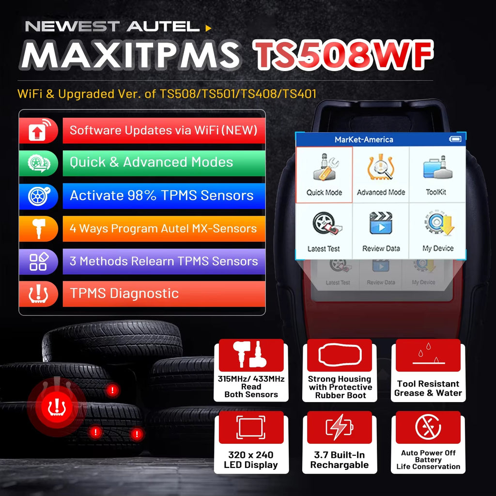Autel MaxiTPMS TS508WF Outil de diagnostic TPMS automobile OBD2 avec moniteur de pression des pneus, programmateur de capteurs MX, réapprentissage et activation