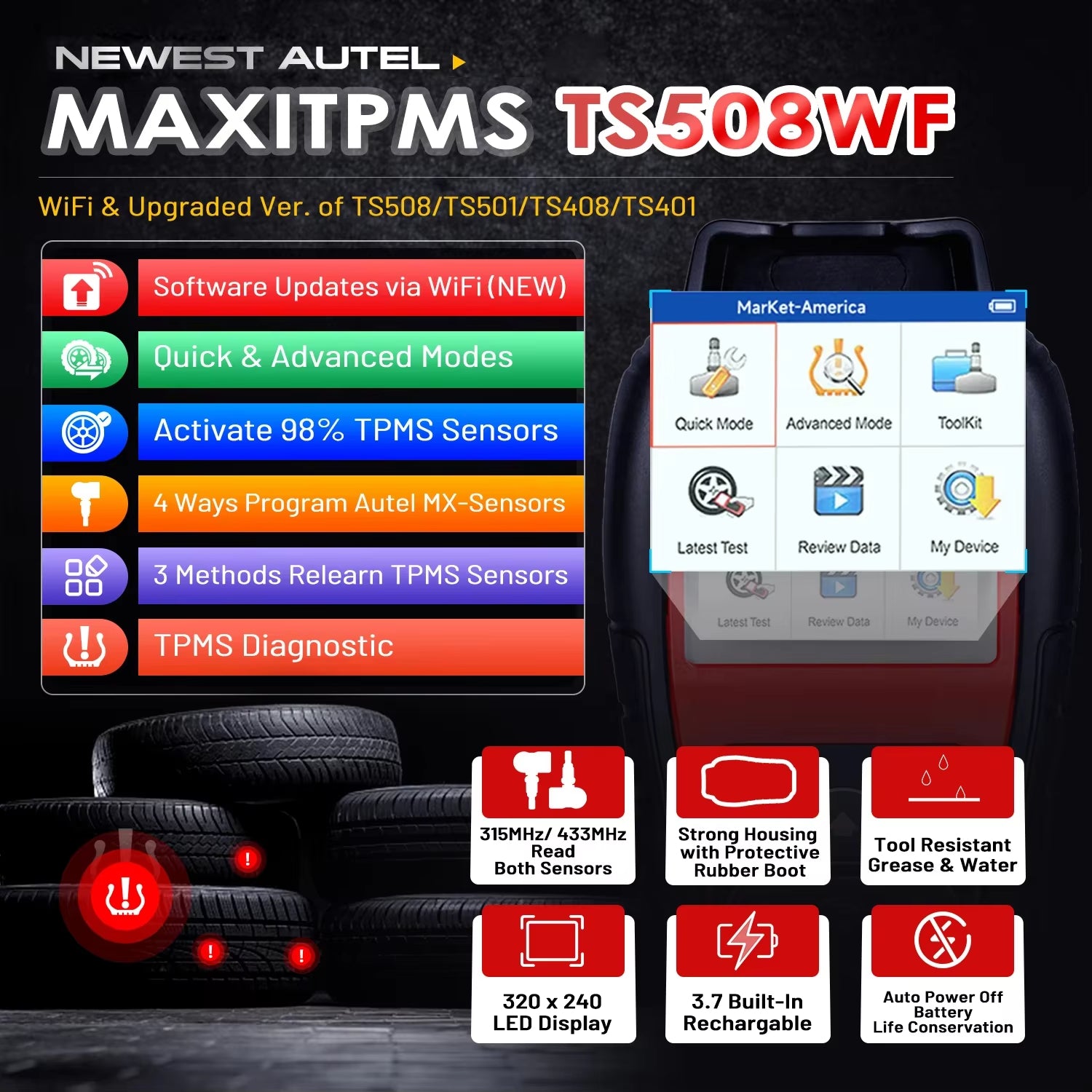 Autel MaxiTPMS TS508WF Outil de diagnostic TPMS automobile OBD2 avec moniteur de pression des pneus, programmateur de capteurs MX, réapprentissage et activation
