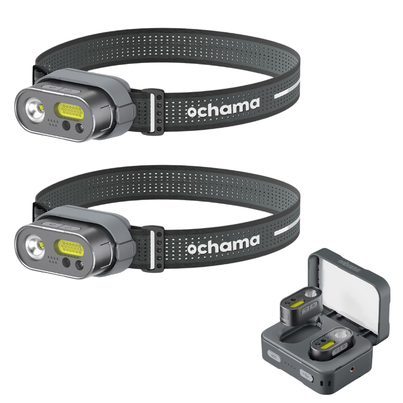 ochama MH1 Jeu de lampe frontale intelligente multifonction, 2 lampes frontales, 1 socle, 1 sangle, 1 câble de recharge Type-C, 1 boîtier de recharge inclus