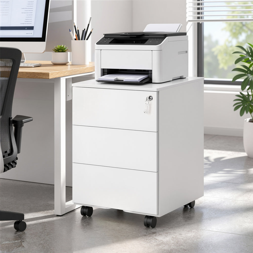 JOYFURNOS Caisson de bureau mobile verrouillable avec 3 tiroirs, rangement documents et fournitures de bureau, préassemblé, pour bureau à domicile, Blanc