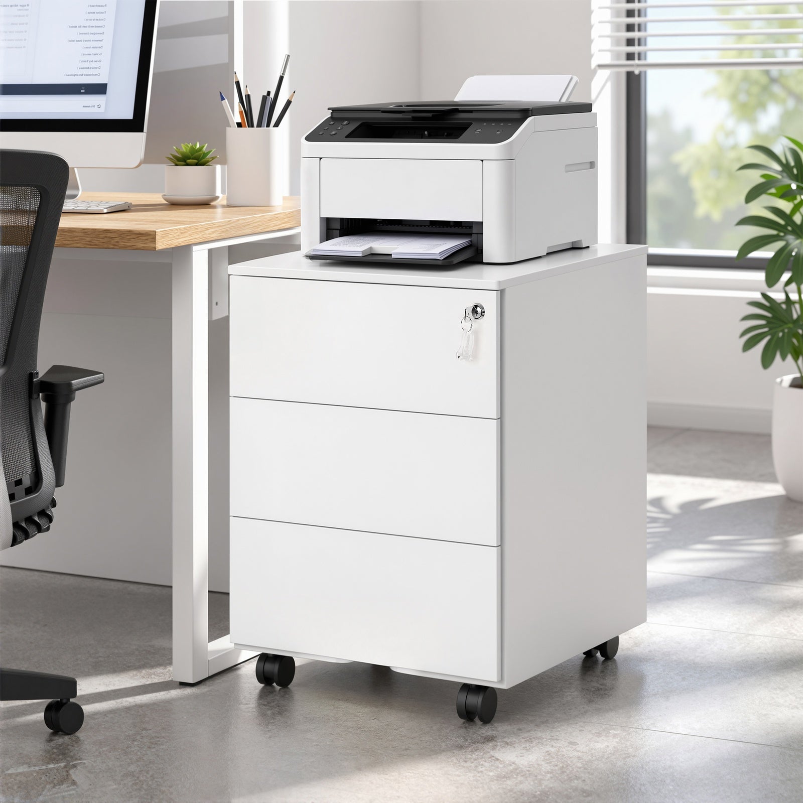 JOYFURNOS Caisson de bureau mobile verrouillable avec 3 tiroirs, rangement documents et fournitures de bureau, préassemblé, pour bureau à domicile, Blanc