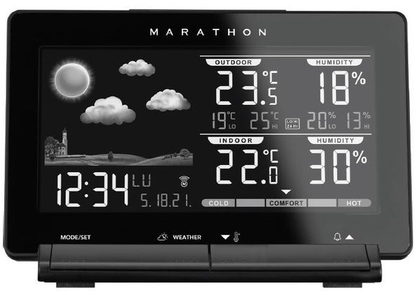 Marathon Lisbon - Station météo intérieure/extérieure sans fil avec capteur à distance - Prévisions météo - Température et humidité intérieures/extérieures