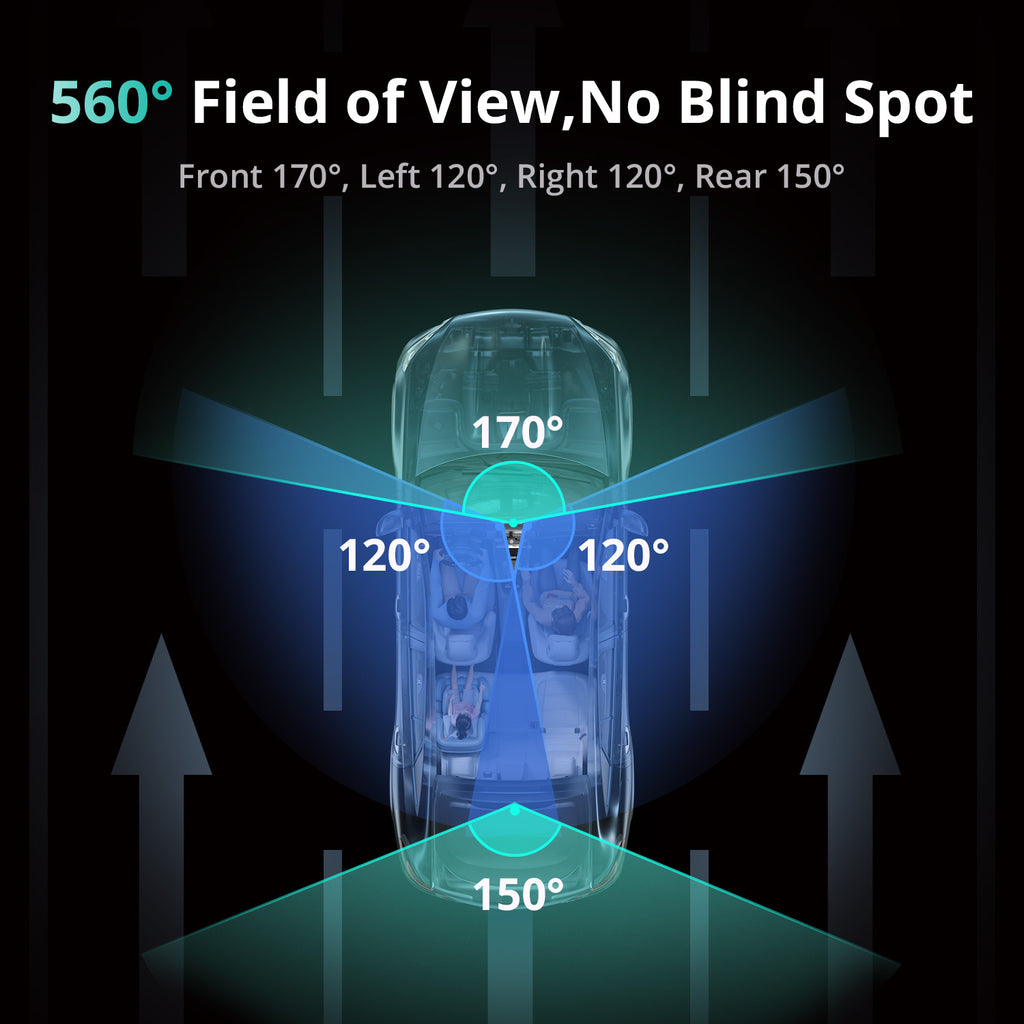 Botslab Dashcam 3K à 4 canaux, vision à 560° sur tous les côtés, caméra intérieure avant et arrière avec écran tactile de 3,18 pouces, mode parking 24h/24 et 7j/7, GPS intégré