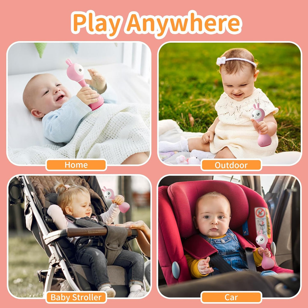 alilo Smarty Bunny Hochet Bébé Jouets Musiques Lumineux pour Bébés 0+ Mois Cadeaux pour Filles, 5 Modes Musiques et Fonction de Reconnaissance des Couleurs avec 9 Cartes de Couleurs, Rose
