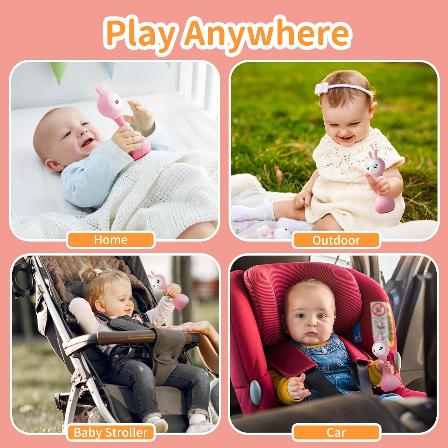 alilo Smarty Bunny Hochet Bébé Jouets Musiques Lumineux pour Bébés 0+ Mois Cadeaux pour Filles, 5 Modes Musiques et Fonction de Reconnaissance des Couleurs avec 9 Cartes de Couleurs, Rose