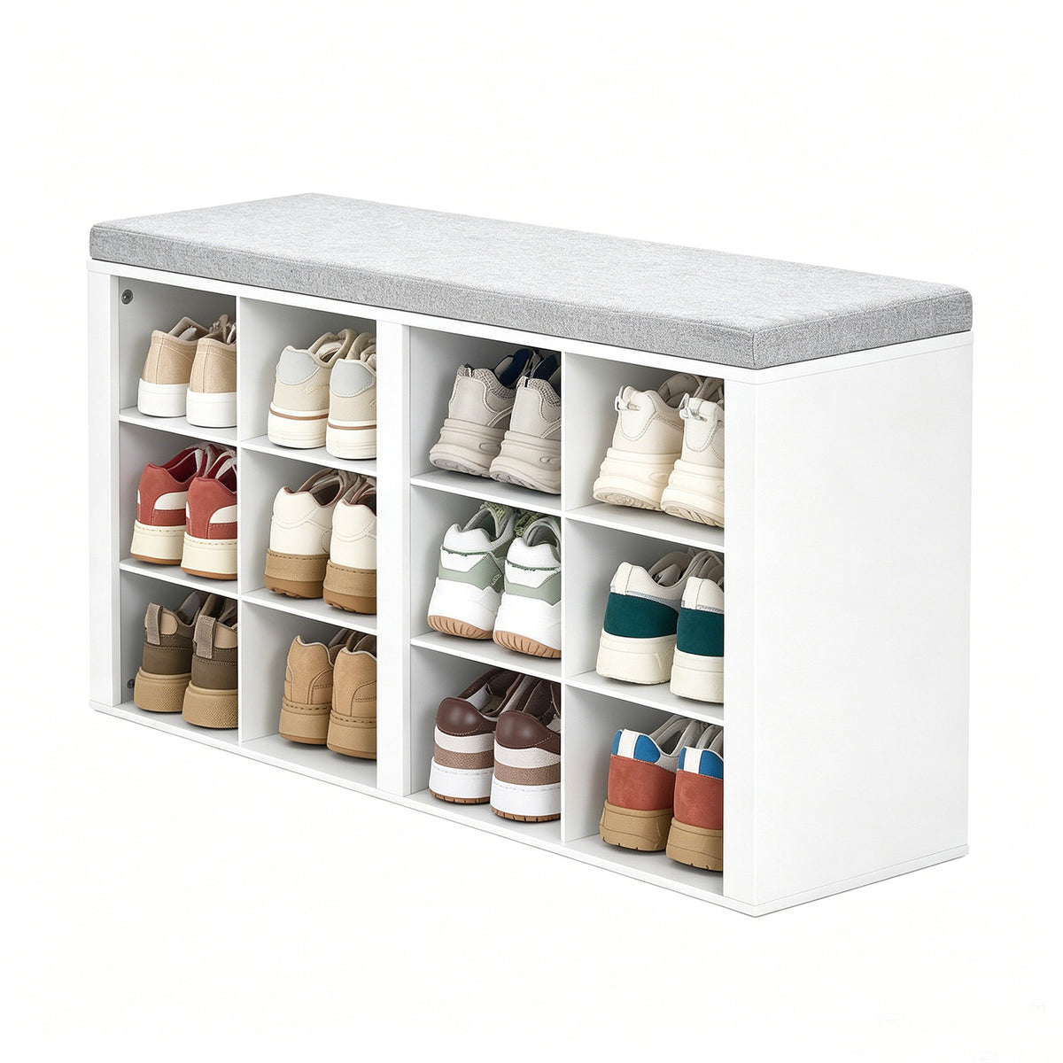 HaluPeit Banc à chaussures avec assise, meuble à chaussures avec banc et 12 compartiments, banc d'entrée avec étagères réglables pour le salon, la chambre ou le couloir, blanc et gris