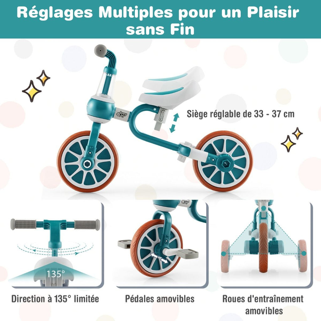 Vélo pour enfants 4-en-1, vélo d'apprentissage avec barre de poussée pour parents, dimensions 37 × 72 × 101 cm, vert