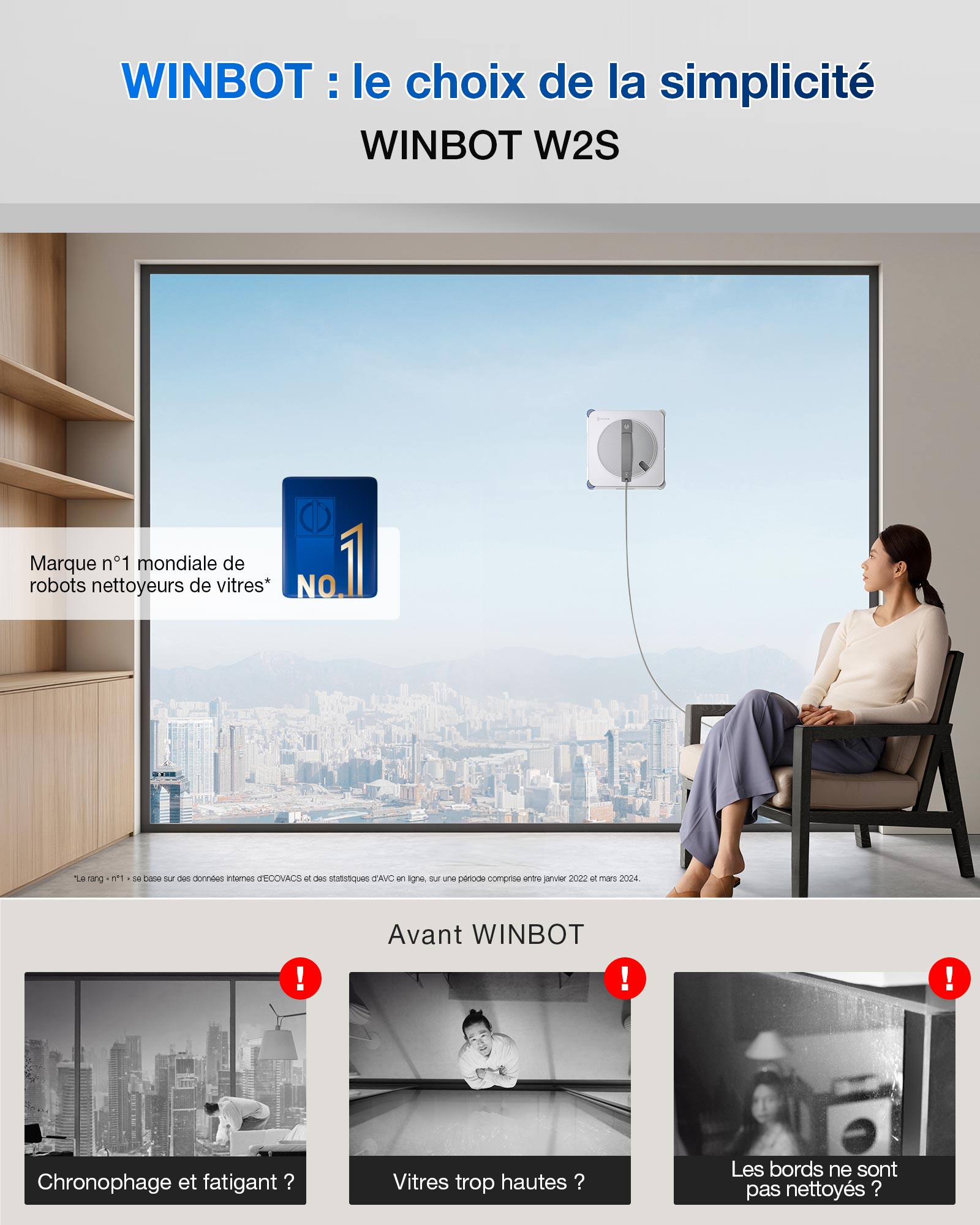 WINBOT W2S OMNI - Avec le nettoyage des coins TruEdge™, un spray grand angle à triple buse et WIN-SLAM 4.0, il offre un nettoyage sans traces à chaque fois