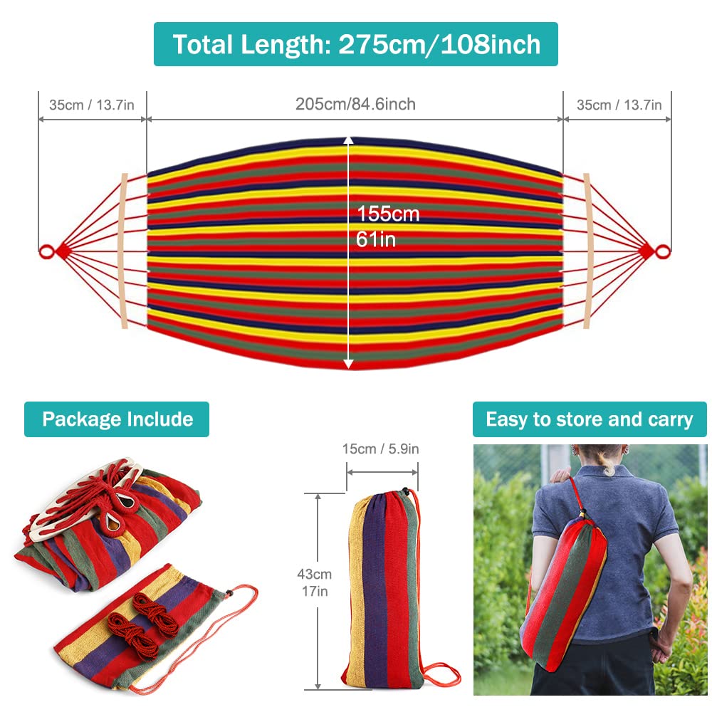 VXOYO Hamac double avec barres de tension, hamac en toile épaisse arc-en-ciel 200 × 100 cm, nœuds renforcés en métal, corde solide de 3 m, charge maximale 300 kg