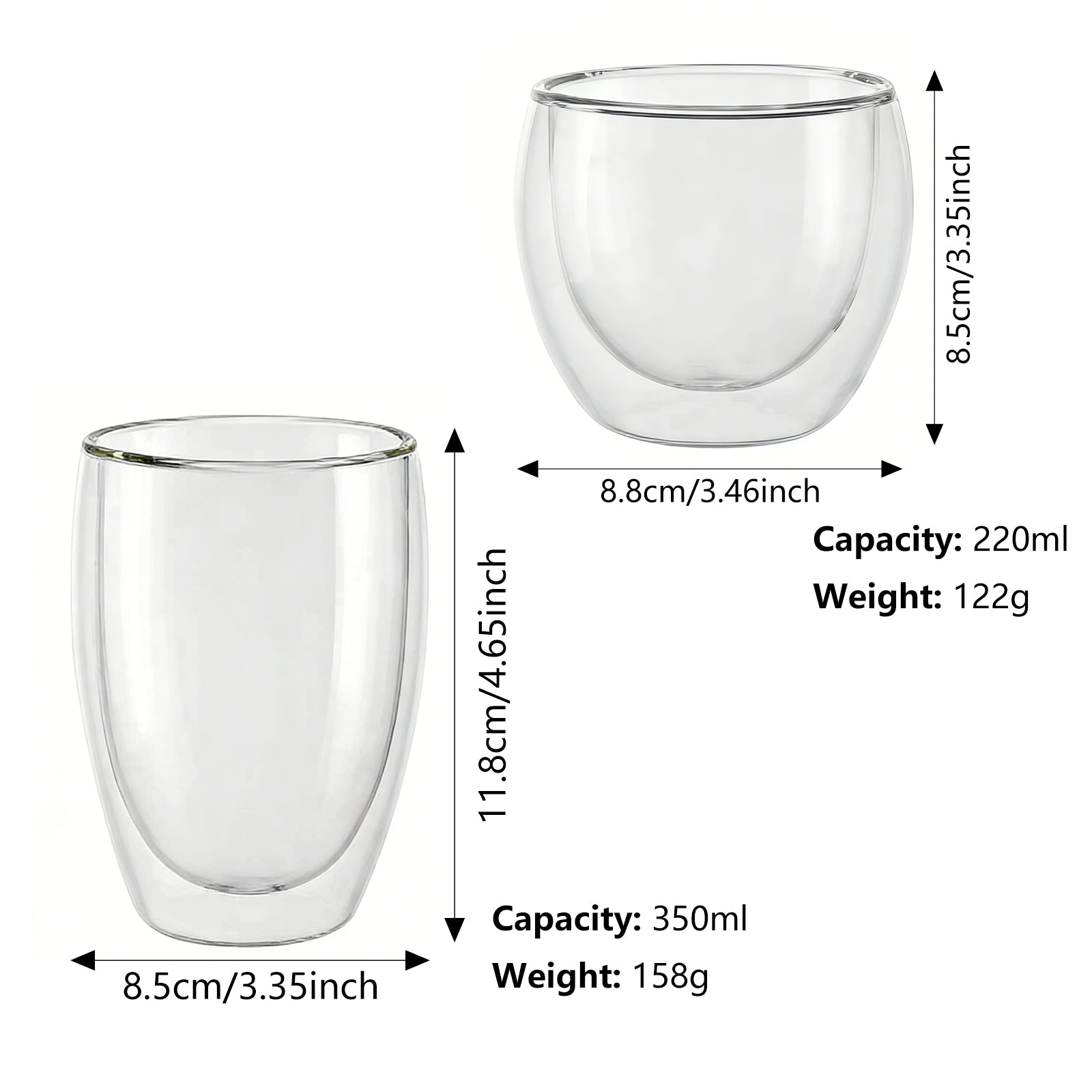 Ju7cer Lot de 2 verres en verre pour thé, boissons et café avec 2 pailles en verre 220 ml + 350 ml