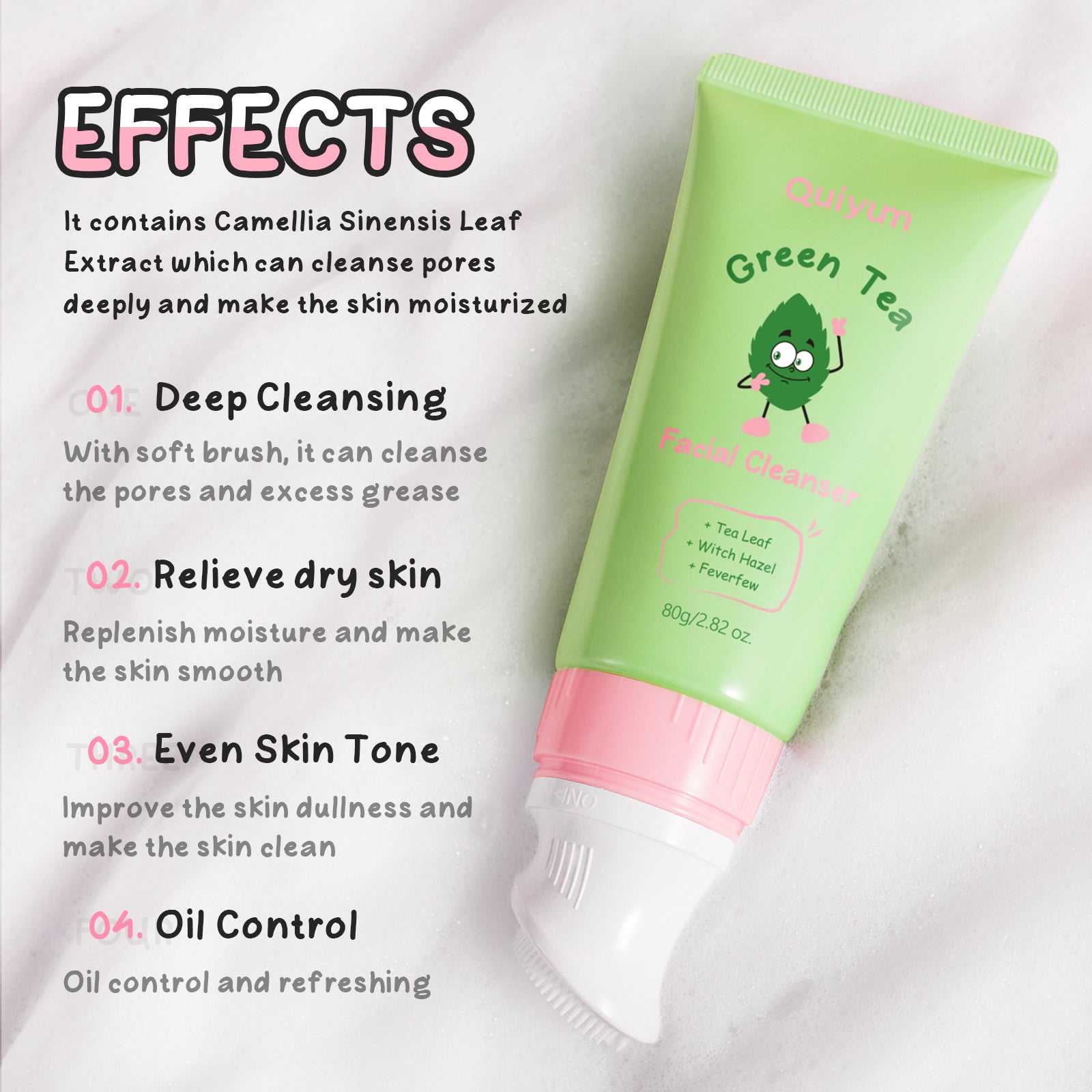 QUIYUM Coffret de soins au thé vert - Nettoyant 80 g, Lotion tonique 100 ml, Crème contour des yeux 20 g, Masque à l’argile 100 g, avec stickers pour ongles, serviette