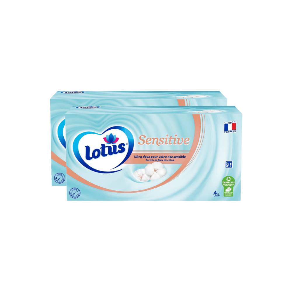 Lotus mouchoirs en papier sensibles aux fibres de coton, non parfumés, 2 boîtes, 160 mouchoirs (2 paquets de 1)