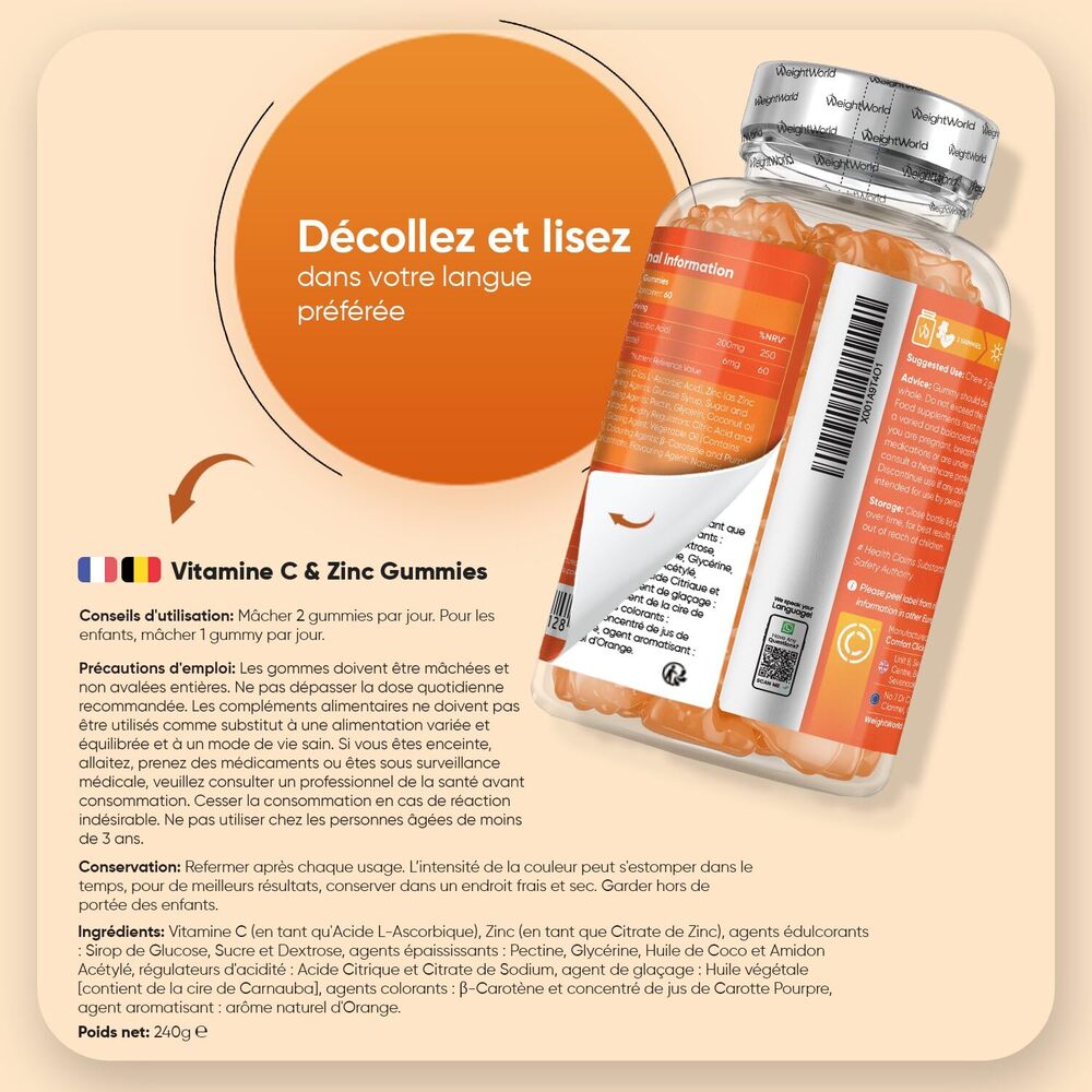WeightWorld Gommes à la vitamine C et au zinc 200 mg - 120 gommes
