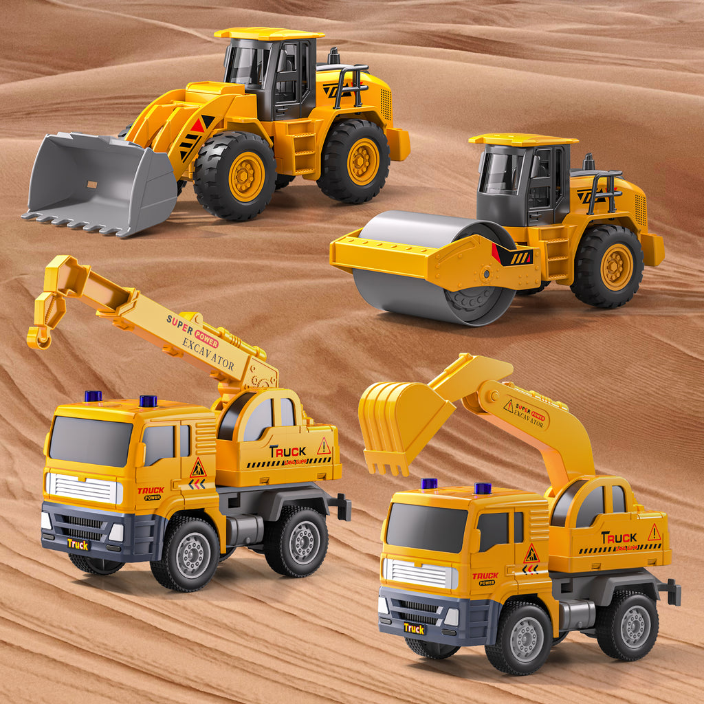 Ensemble de jouets de camions de construction, lot de 4 voitures d'ingénierie à roulement par friction avec pelleteuse, grue, Bulldozer, rouleau compresseur