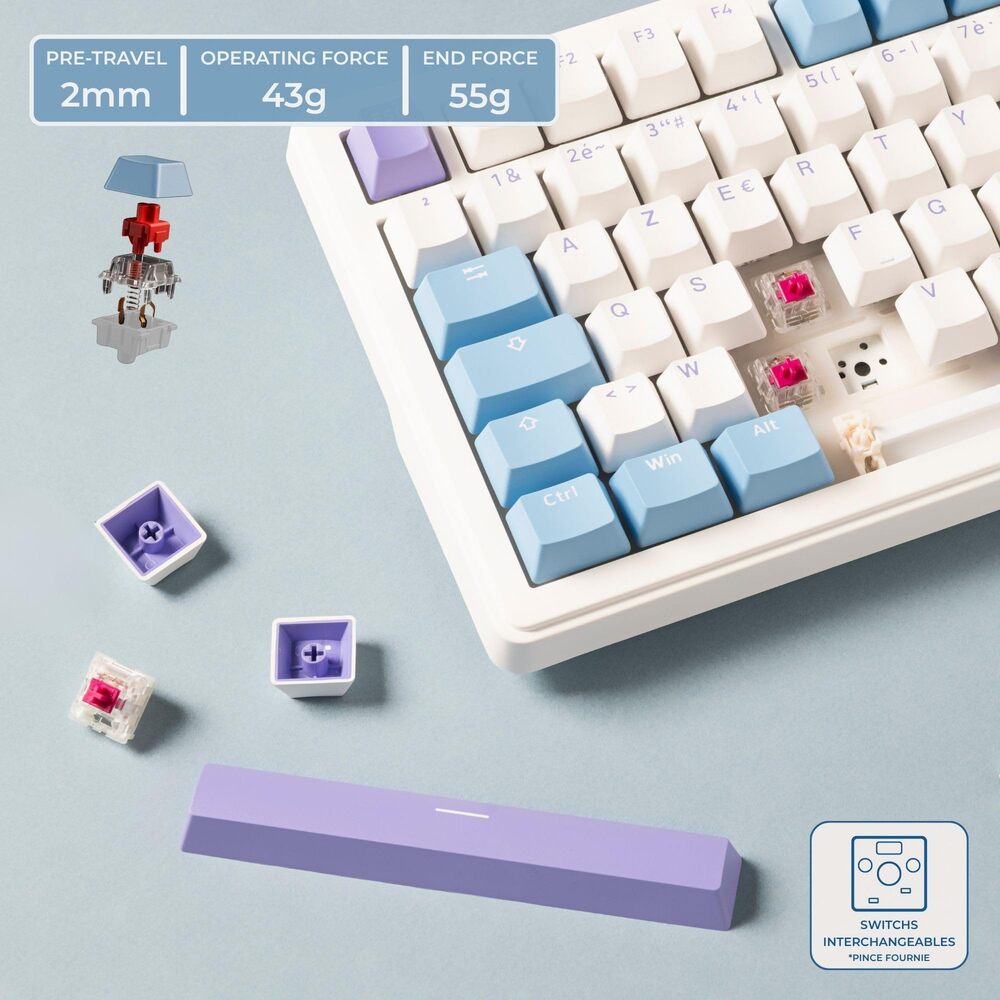 THE G-LAB KEYZ ELITE 400 Clavier Gaming Mécanique Switch Linéaire Triple Mode RGB, 96 % - QWERTY - Blanc/Bleu