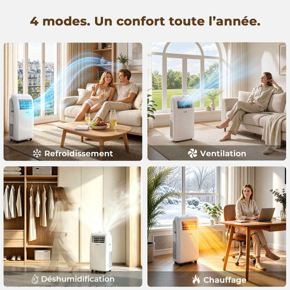 Candy 12000 BTU Climatiseur Mobile, Unité de Climatisation Intelligente 4 en 1, Refroidissement et Chauffage Rapides pour Pièces jusqu'à 35 ㎡, 3 Vitesses, Minuterie 24 H