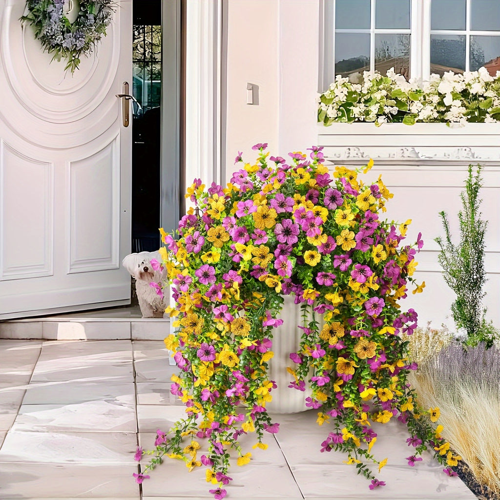 Yuejia 4 pièces 29,5 po/75 cm Fleurs et plantes artificielles suspendues pour décoration extérieure, Faux chrysanthèmes et violettes avec eucalyptus