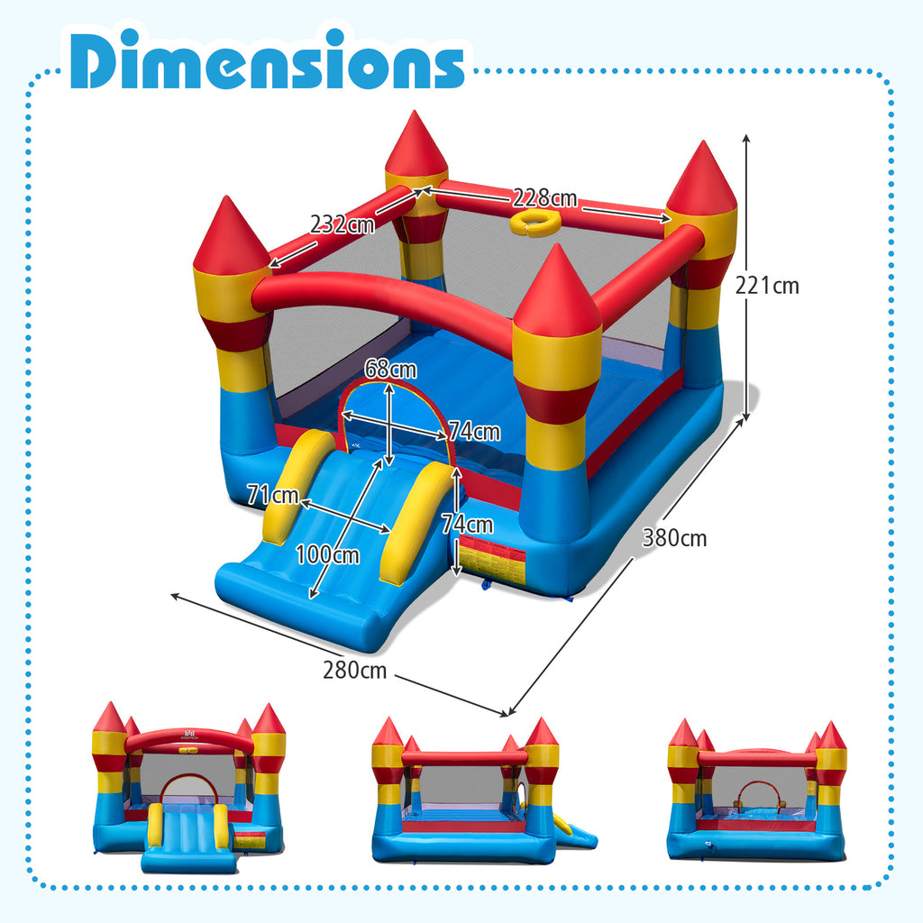 Costway Trampoline gonflable 3-en-1 pour enfants avec toboggan, grande surface de saut et panier de basket, souffleur non inclus