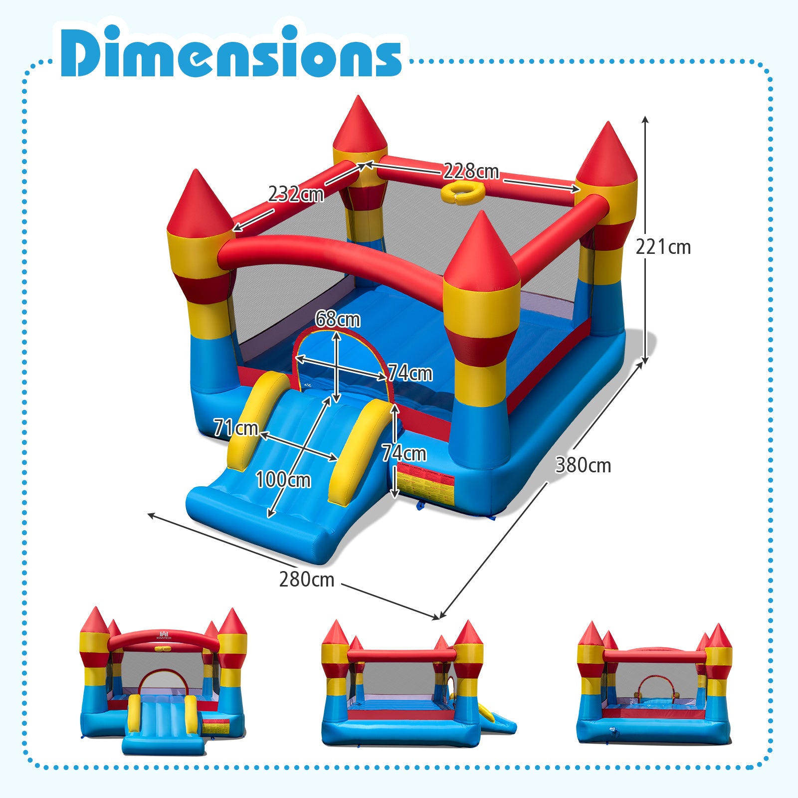 Costway Trampoline gonflable 3-en-1 pour enfants avec toboggan, grande surface de saut et panier de basket, souffleur non inclus