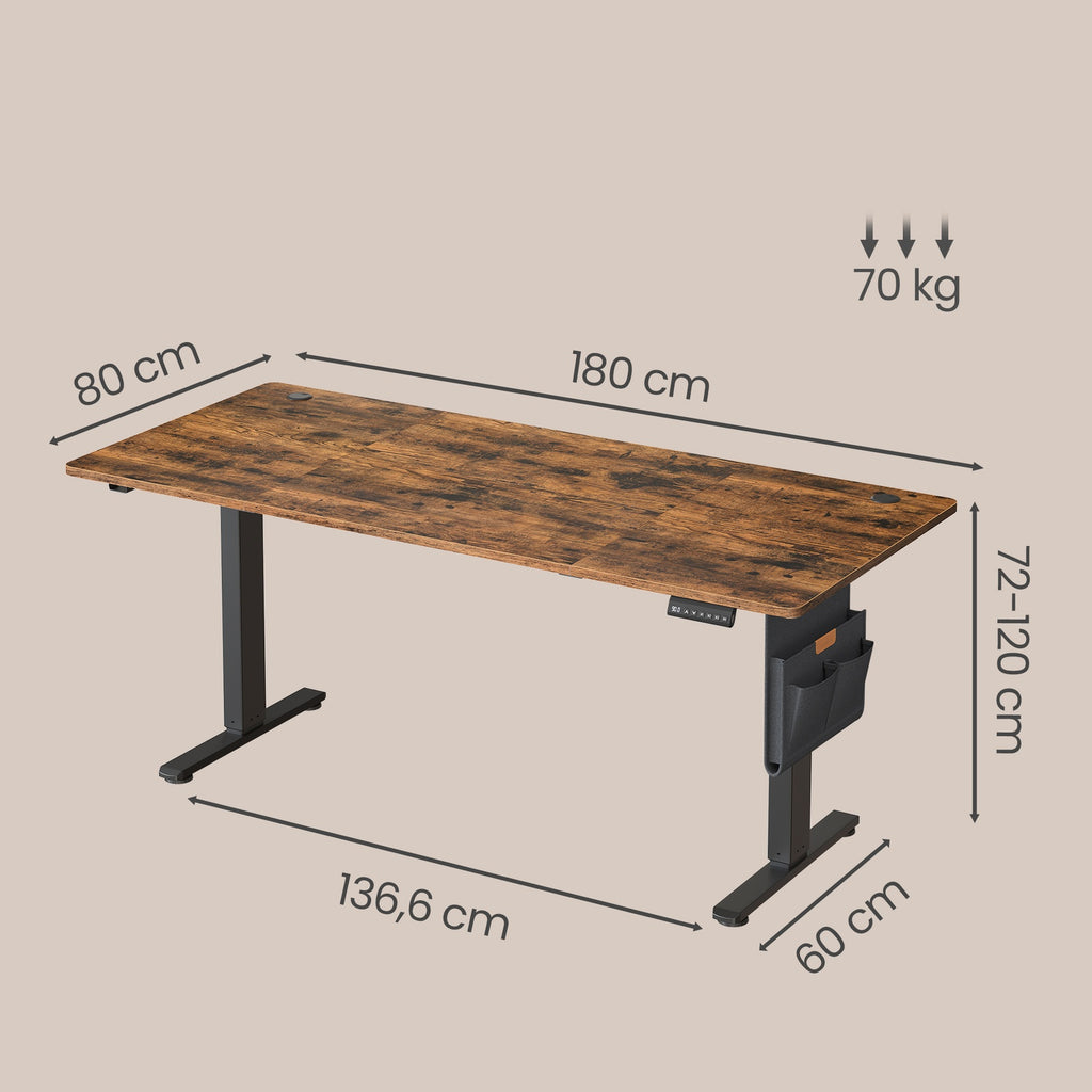 JOYFURNOS Bureau électrique réglable en hauteur 180 x 80 cm, Réglage continu, Fonction mémoire 4 hauteurs, Marron vintage