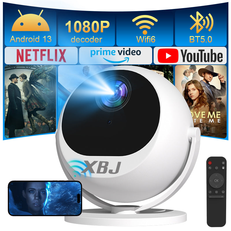 XBJ Projecteur intelligent portable 360°, Full HD 1080P, Rotation à 360° pour projection plafond/mur/table, Projecteur d’extérieur, 500 lumens, Écran 120 pouces, Correction trapézoïdale automatique et 6D, Home cinéma, Wi-Fi/BT/HDMI, Compatible avec t