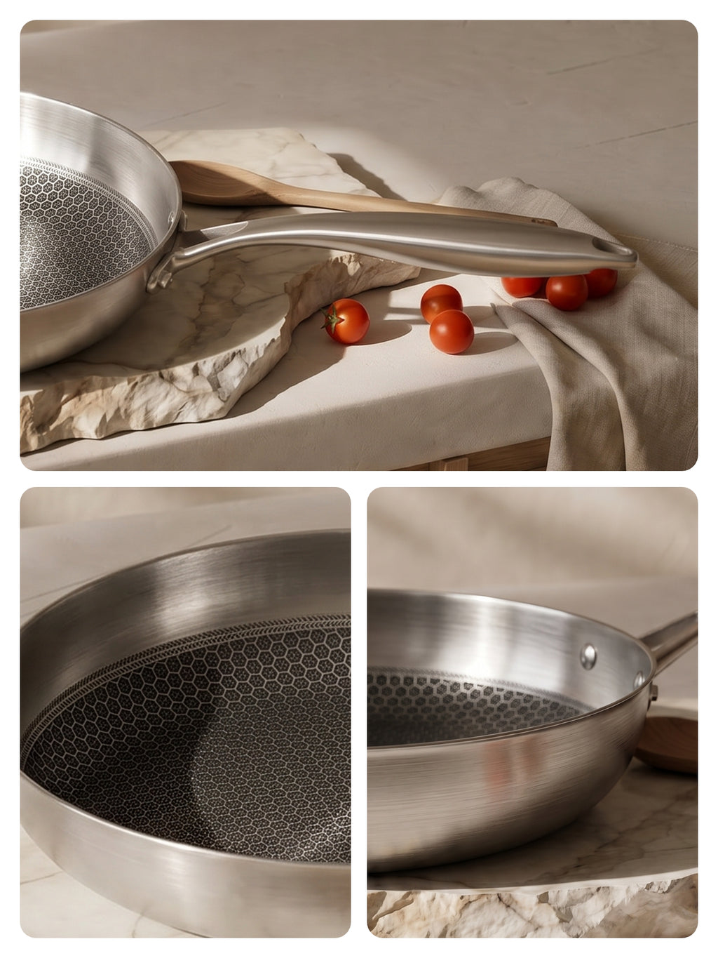 PURE COOK Set de 3 poêles à frire en acier inoxydable|20 cm|26 cm|30 cm|Poêles à bord coupé 304|Ustensiles de cuisson durables pour cuisine à domicile