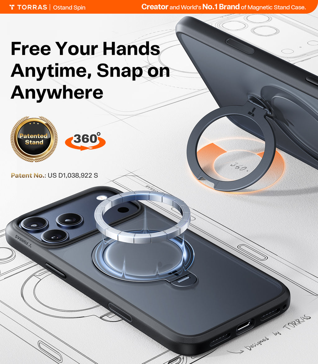 TORRAS Ostand Série Spin pour Coque iPhone 17 Pro Max Support Magnétique Rotatif à 360° Protection Militaire, Finition Mate Antidérapante et Anti-traces de Doigts - Noir