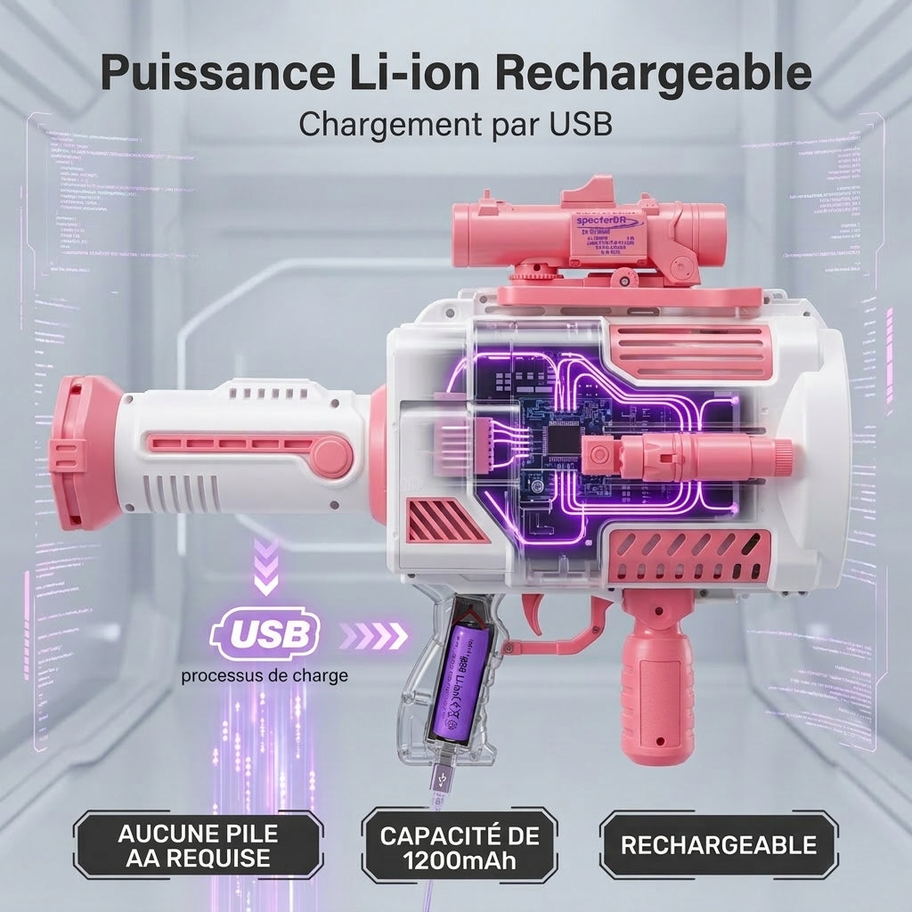 Pistolet à bulles Gatling rose Tokky, machine à bulles automatique à 48 trous avec lumières LED colorées, chargement USB et conception étanche à 360 degrés, jouet tactique pour filles