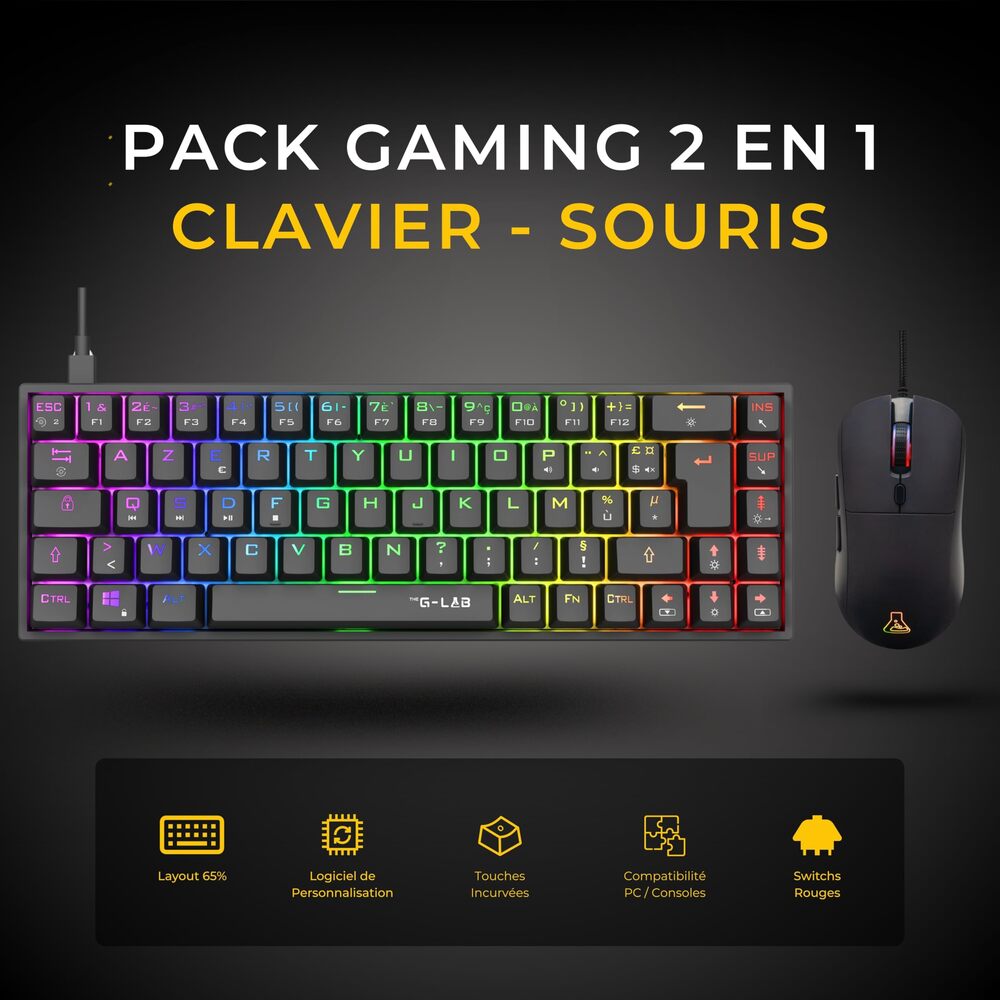 THE G-LAB Titan Combo Ensemble Clavier et Souris Gaming Filaire - AZERTY, 12800 DPI, 6 Boutons - Noir