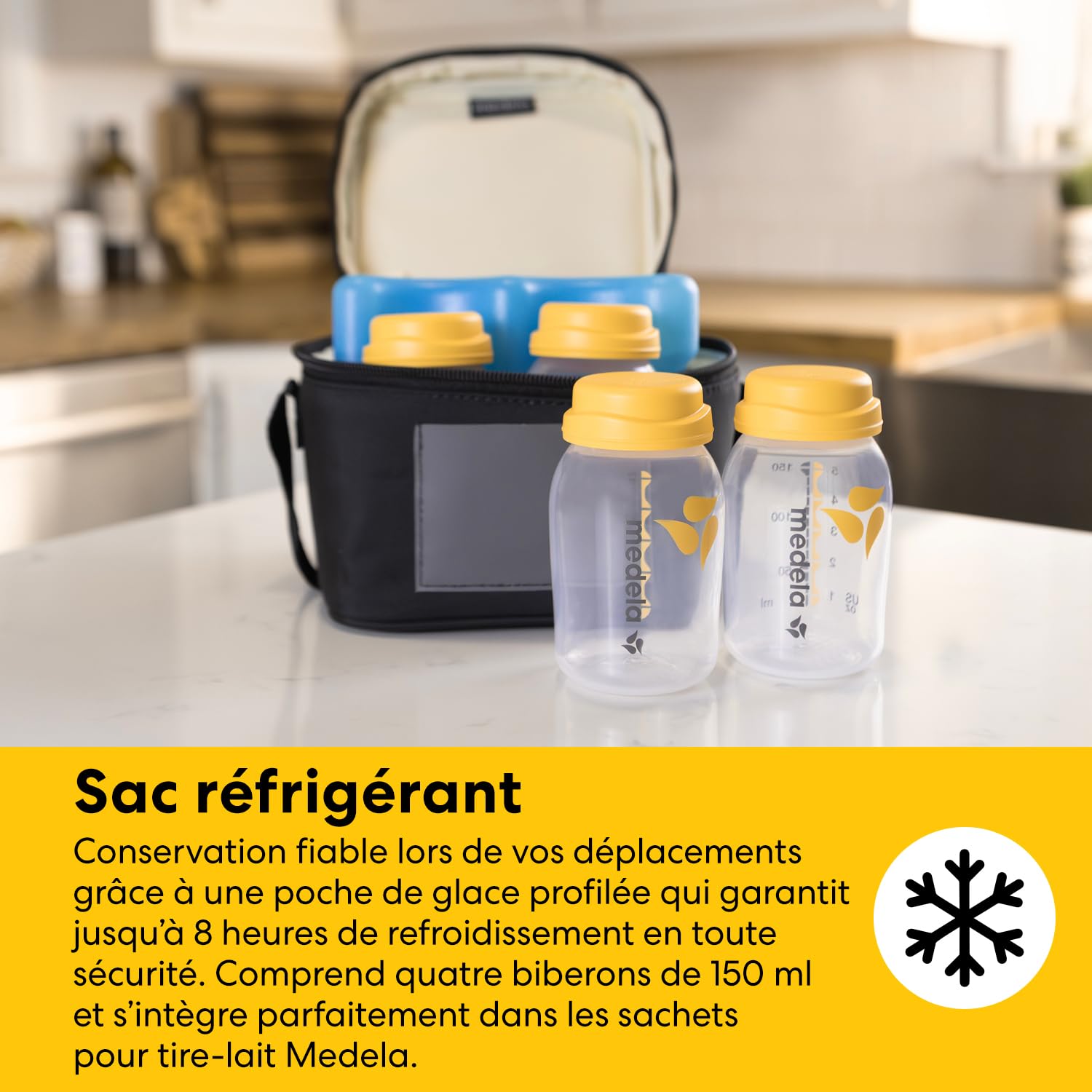 MEDELA Kit conservation lait maternel tout-en-un - 4 Biberons 150 ml, 4 Sachets Easy Pour, 1 Sachet réutilisable, 1 Sachet Micro-ondes Quick Clean et Sac isotherme avec bloc réfrigérant