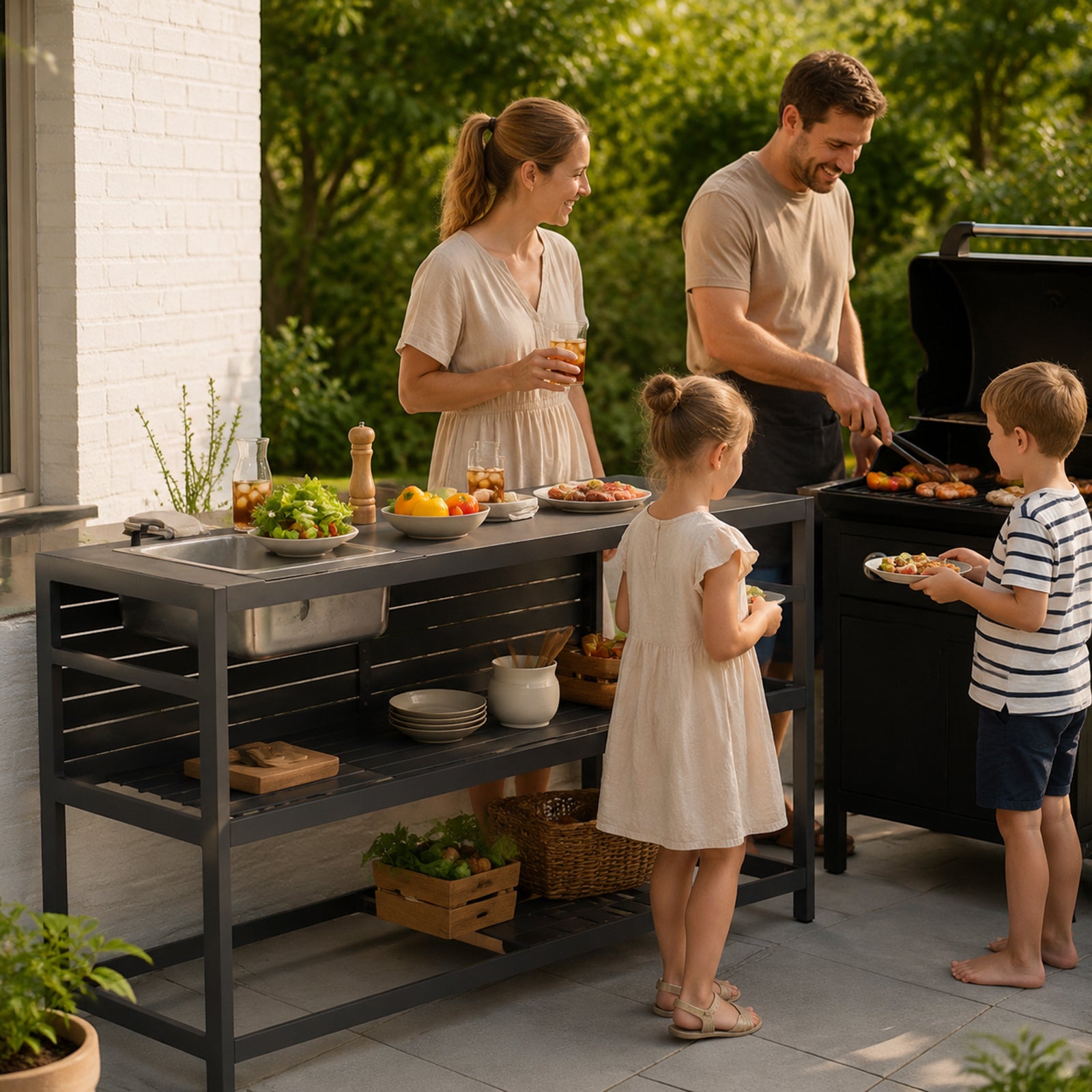TERRABETA Table de travail en aluminium pour cuisine d'extérieur avec seau à glace en acier inoxydable