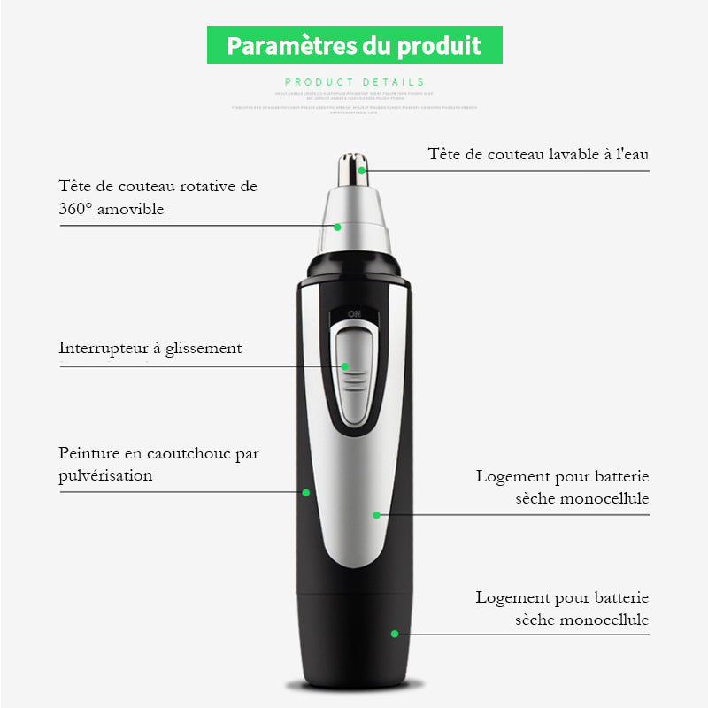 Tondeuse pour poils d’oreilles et de nez Sparoma, à piles, étanche IPX7, lames en acier inoxydable avec capuchon protecteur – TC-3550, Noir
