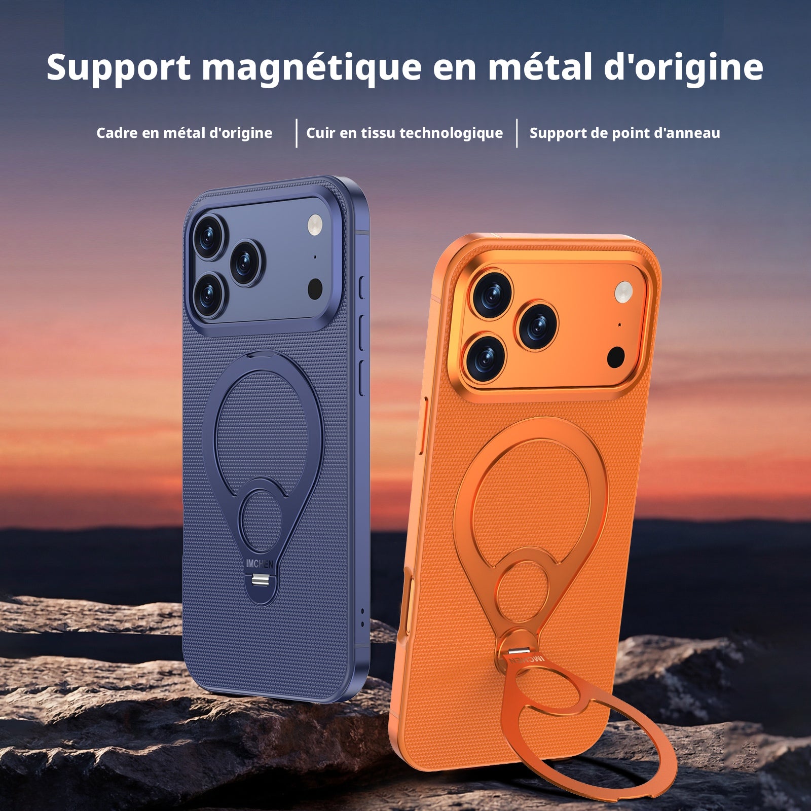 Coque pour iPhone 17 Pro, cadre en alliage, support métallique rotatif à 360°, anneau de maintien en cuir de qualité supérieure, anti-choc, Bleu, 1 pièce