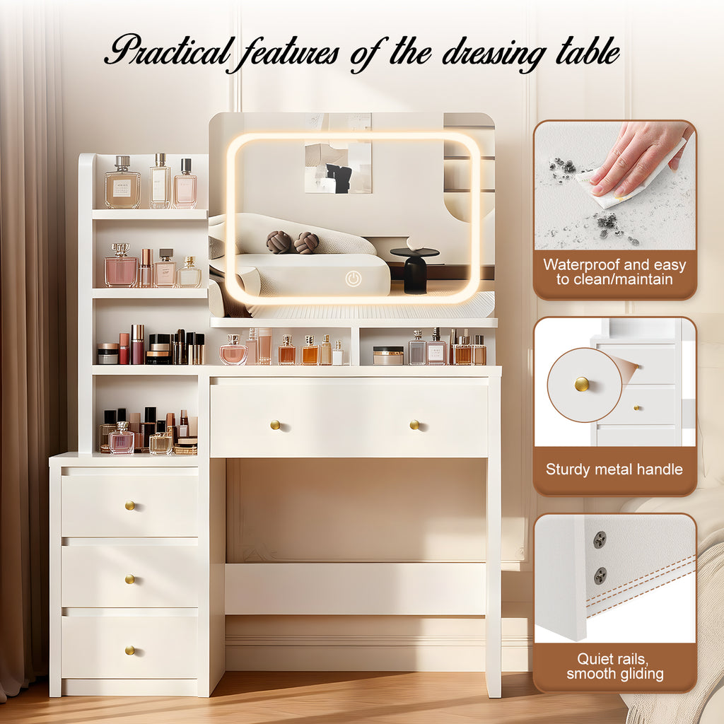 GTIMEX Table de maquillage, table de maquillage avec éclairage LED, grand miroir haute résolution, 7 compartiments de rangement ouverts, 1 grand tiroir, 3 tiroirs latéraux