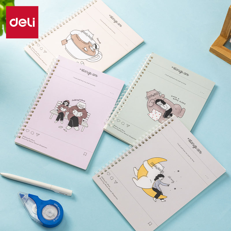 Deli Carnet à spirale, A5 (148 x 210 mm), 60 feuilles/120 pages, 70 g/m² - Parfait pour les étudiants, le bureau et le journaling, Série Meow Time, Lot de 4