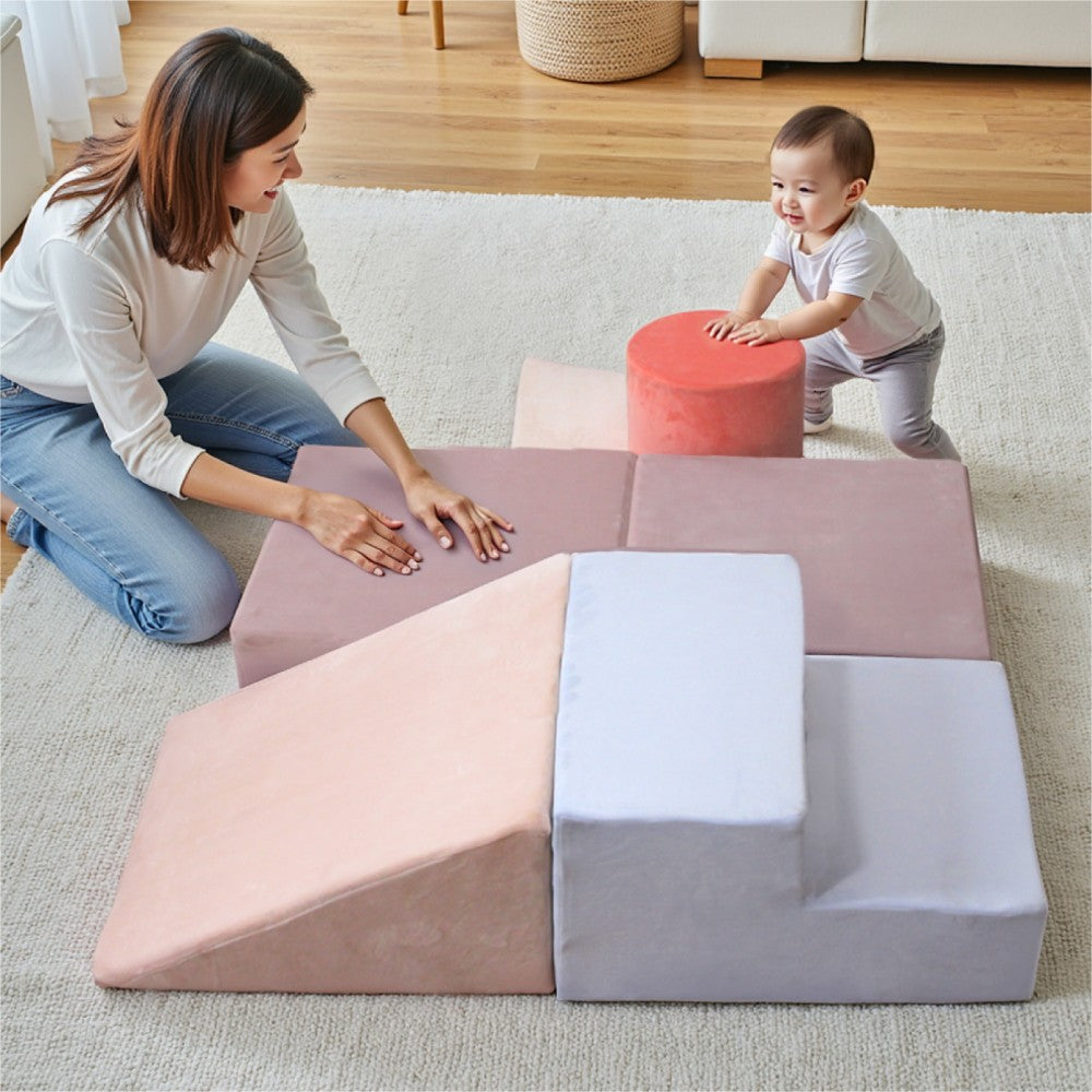 Blocs de construction en mousse pour enfants BanaSuper, blocs de construction XXL en mousse, certifiés EN71, jouet Montessori pour enfants, coque lavable pour le plaisir en intérieur, coffret de jeu en mousse douce pour bébé (Bleu Rose)