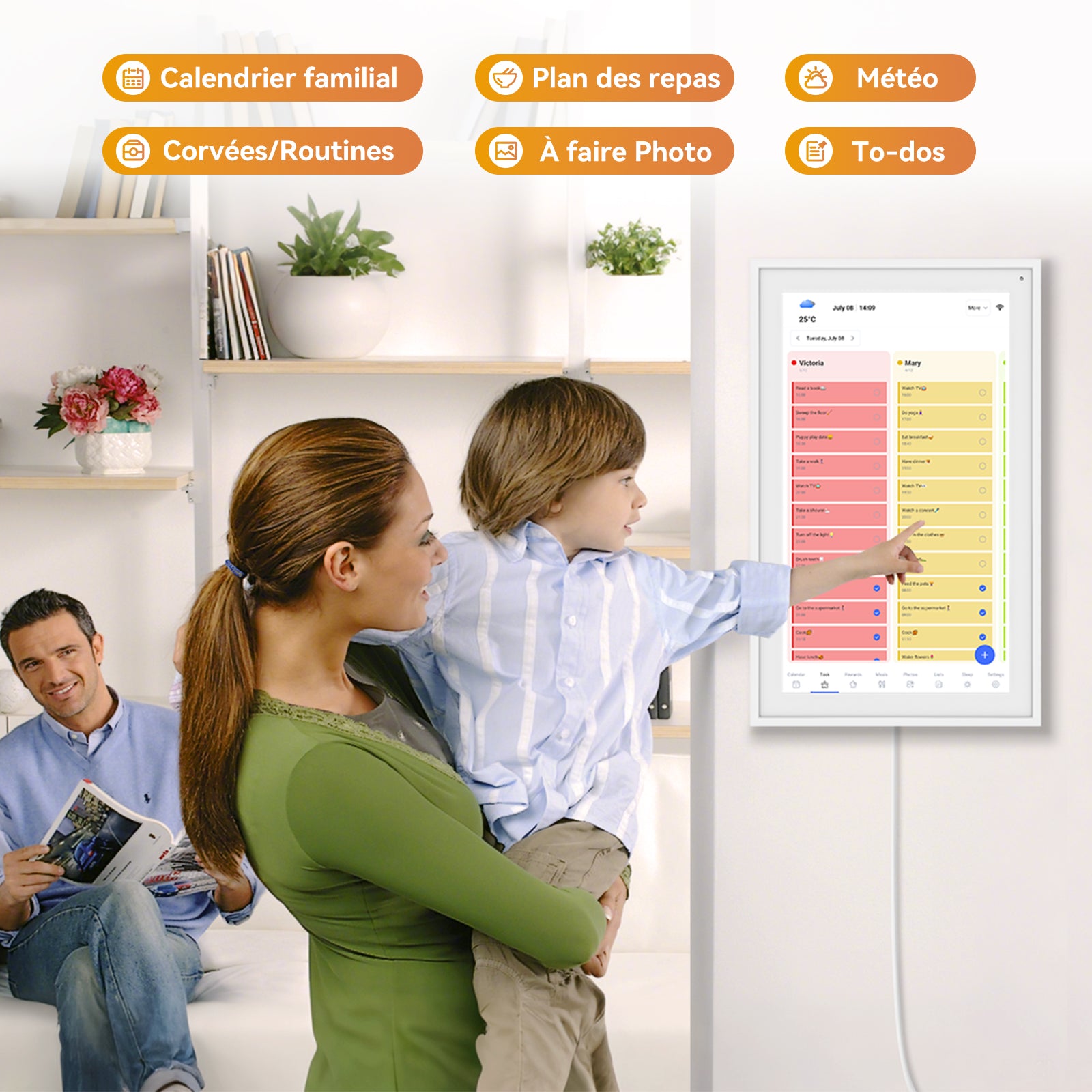 TABWEE P15 Calendrier Numérique WiFi - Écran Tactile 15,6" pour Mur, Planificateur Familial, Planificateur de Repas, Agenda de Rendez-vous, Horloge Mémoire pour Seniors, Planificateur Hebdomadaire/Mensuel (Cadre Photo Numérique)