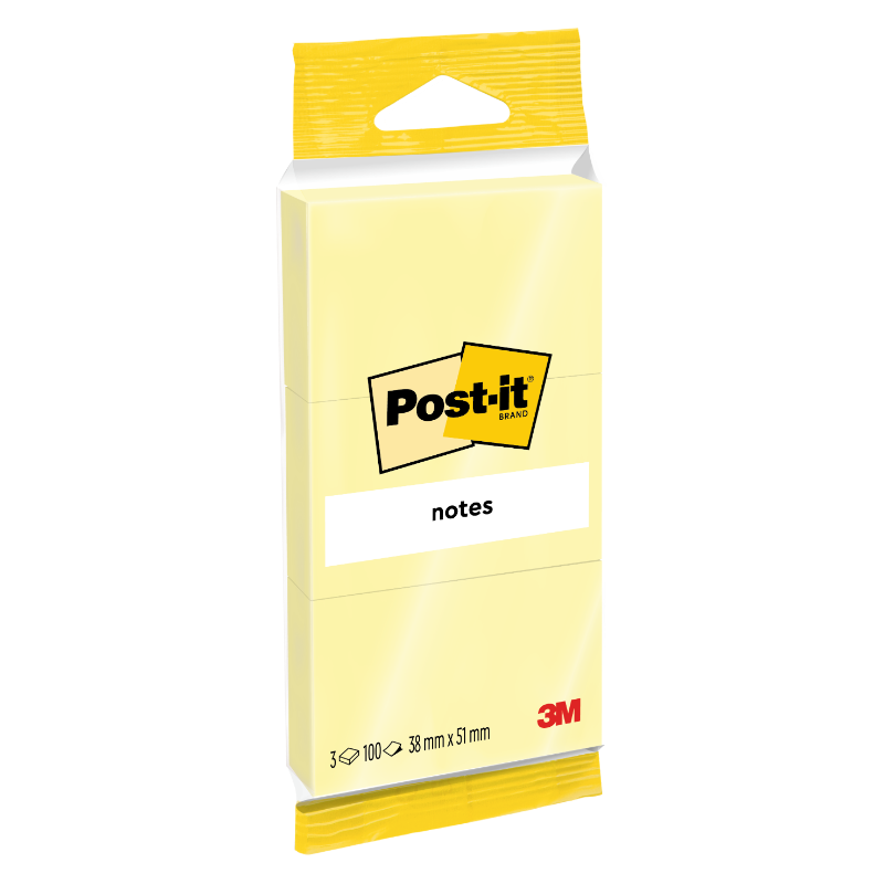Post-it Notes repositionnables, jaune canard, 38 mm x 51 mm, 100 feuilles/feuille, 3 blocs/lot, 100 % PEFC SGSCH-PEFC-COC-110078