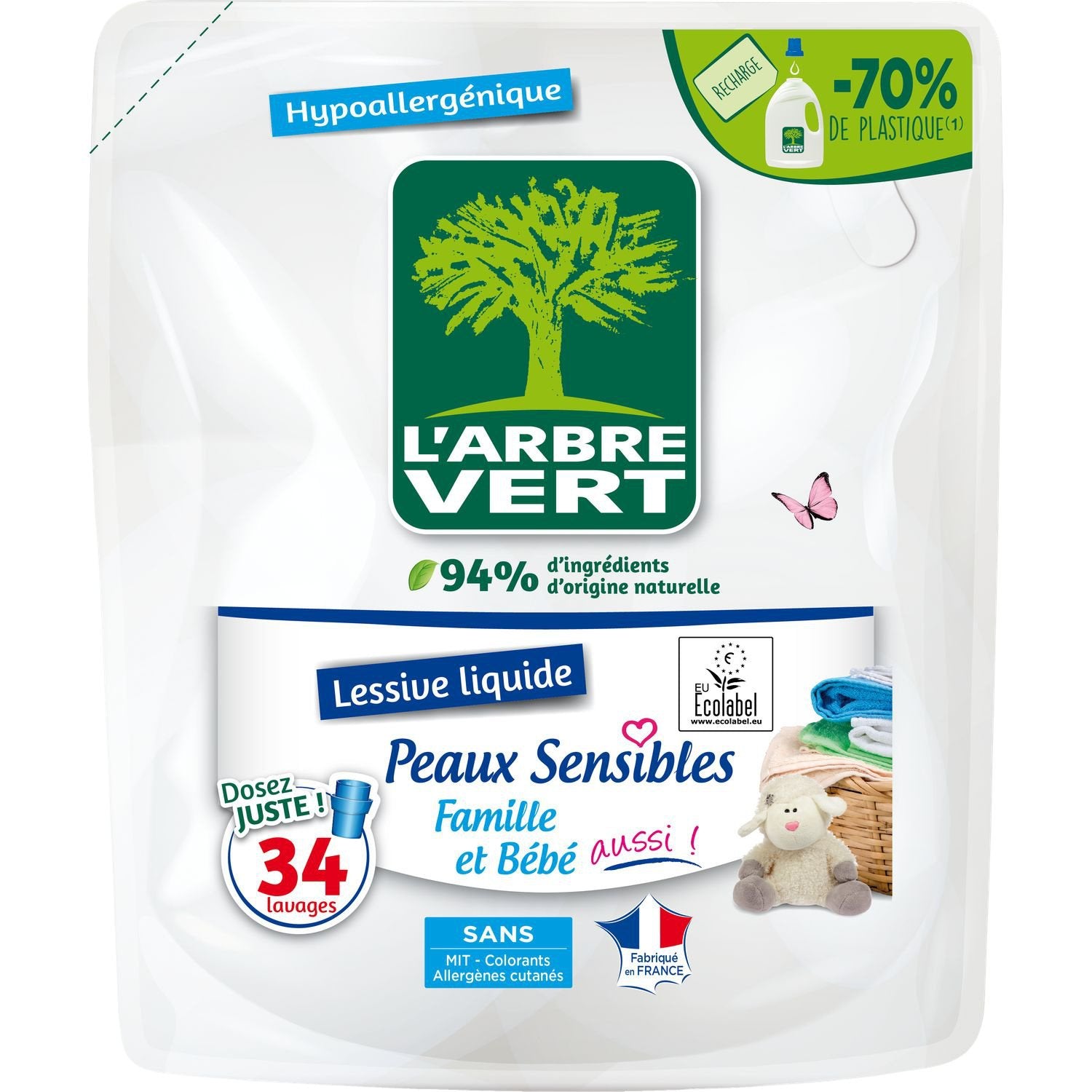 L'Arbre Vert Lessive Liquide Hypoallergénique Peaux Sensibles Famille & Bébé Recharge 34 Lavages 1,53 L
