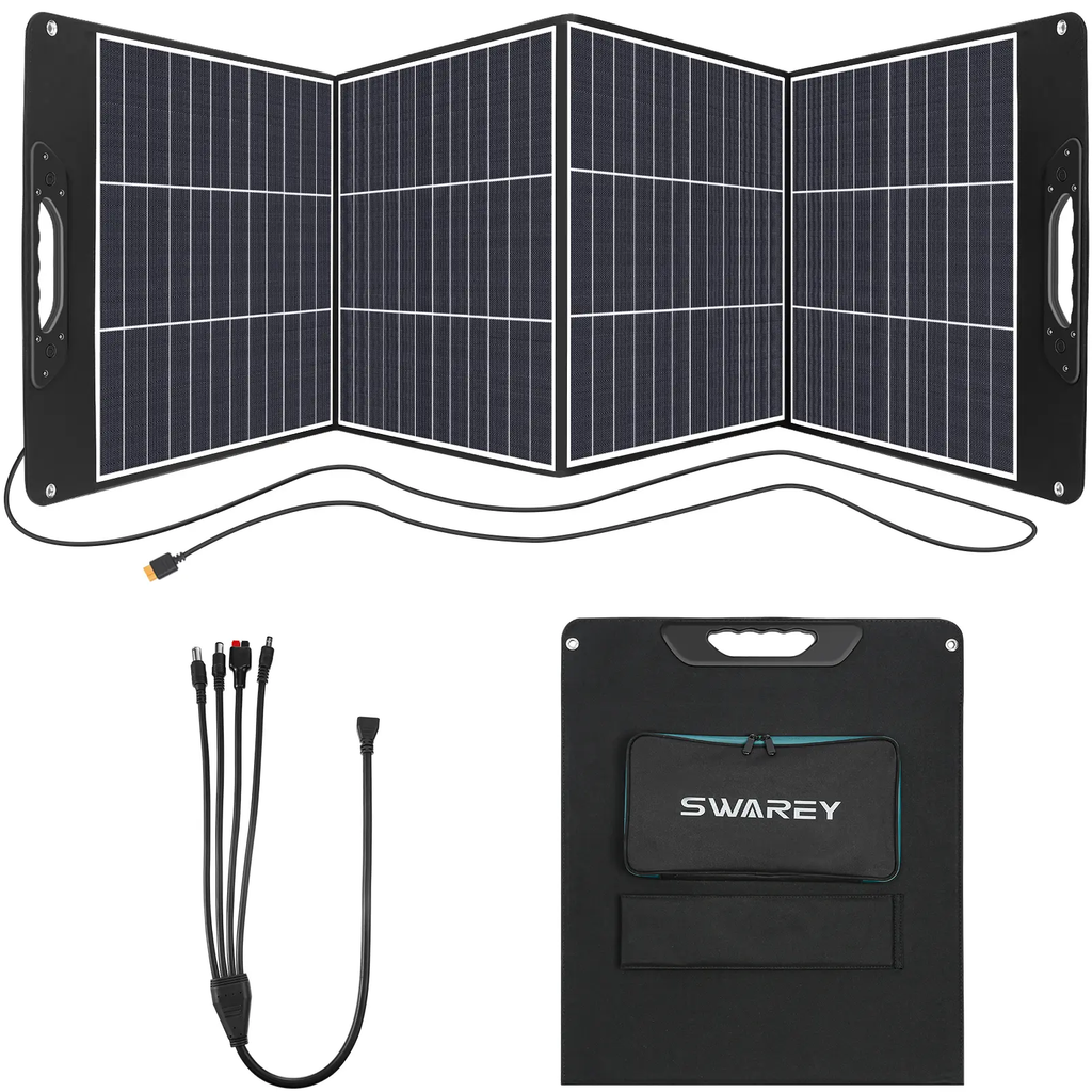 SWAREY 200W Panneau Solaire Pliable, Chargeur Solaire Monocristallin Portable avec Port USB-C 18W et QC3.0, Câble XT60 vers Anderson / DC5521 / DC7450, pour Station d’Énergie
