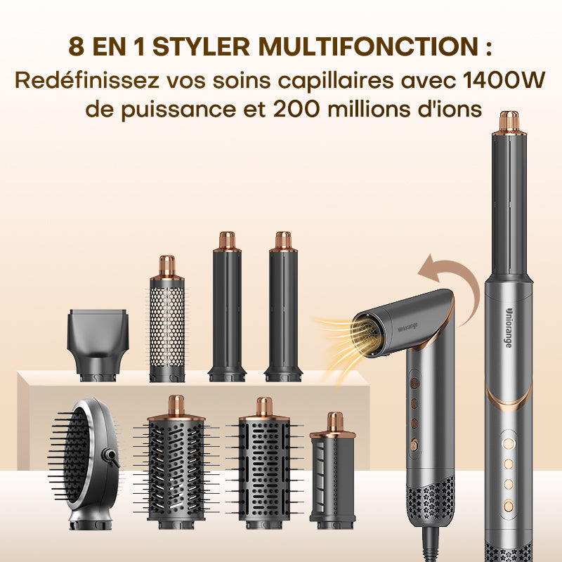 Uniorange M8 Sèche-cheveux et appareil de coiffage à air chaud 8-en-1, 1 400 W, Moteur 110 000 tr/min, 200 millions d'ions négatifs, Bouclage automatique
