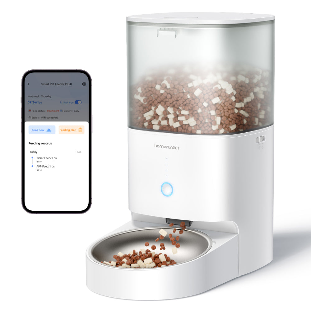 Homerunpet Distributeur automatique de nourriture pour animaux - Bol en acier inoxydable 304 - Contrôlé par application - Autonomie de batterie 6 mois - Triple verrouillage fraîcheur - Capacité 4 L