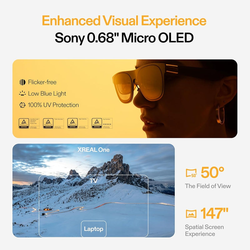 XREAL One lunettes de réalité augmentée avec puce X1, Lunettes de réalité étendue 3 DDL natifs, 147 po champ de vision 50°, Écran 120 Hz, Audio de renom, 3 réglages de transparence des verres