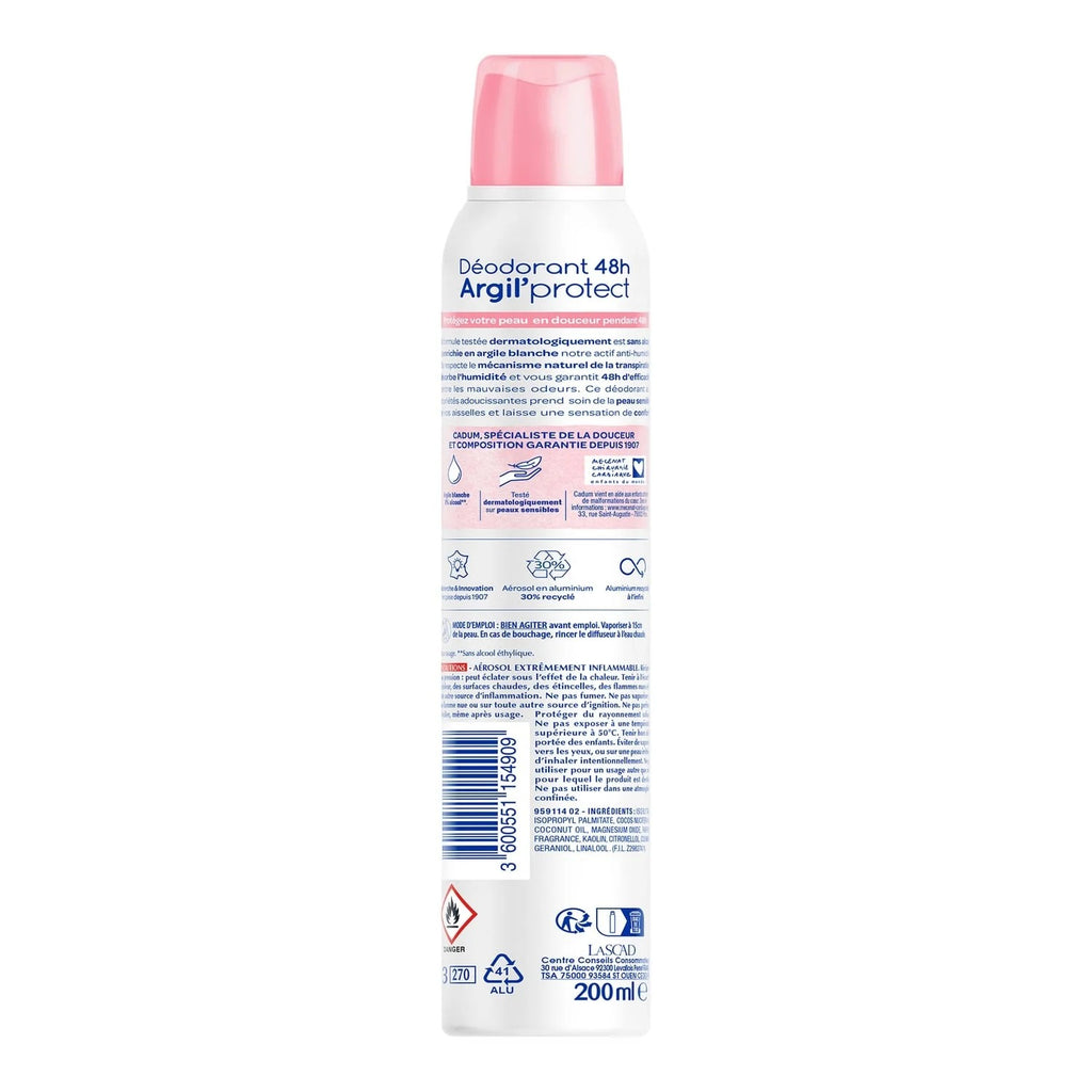 CADUM Déodorant aérosol spray pour femme Pivoine 48 h Argil’Protect, sans alcool, 200 ml