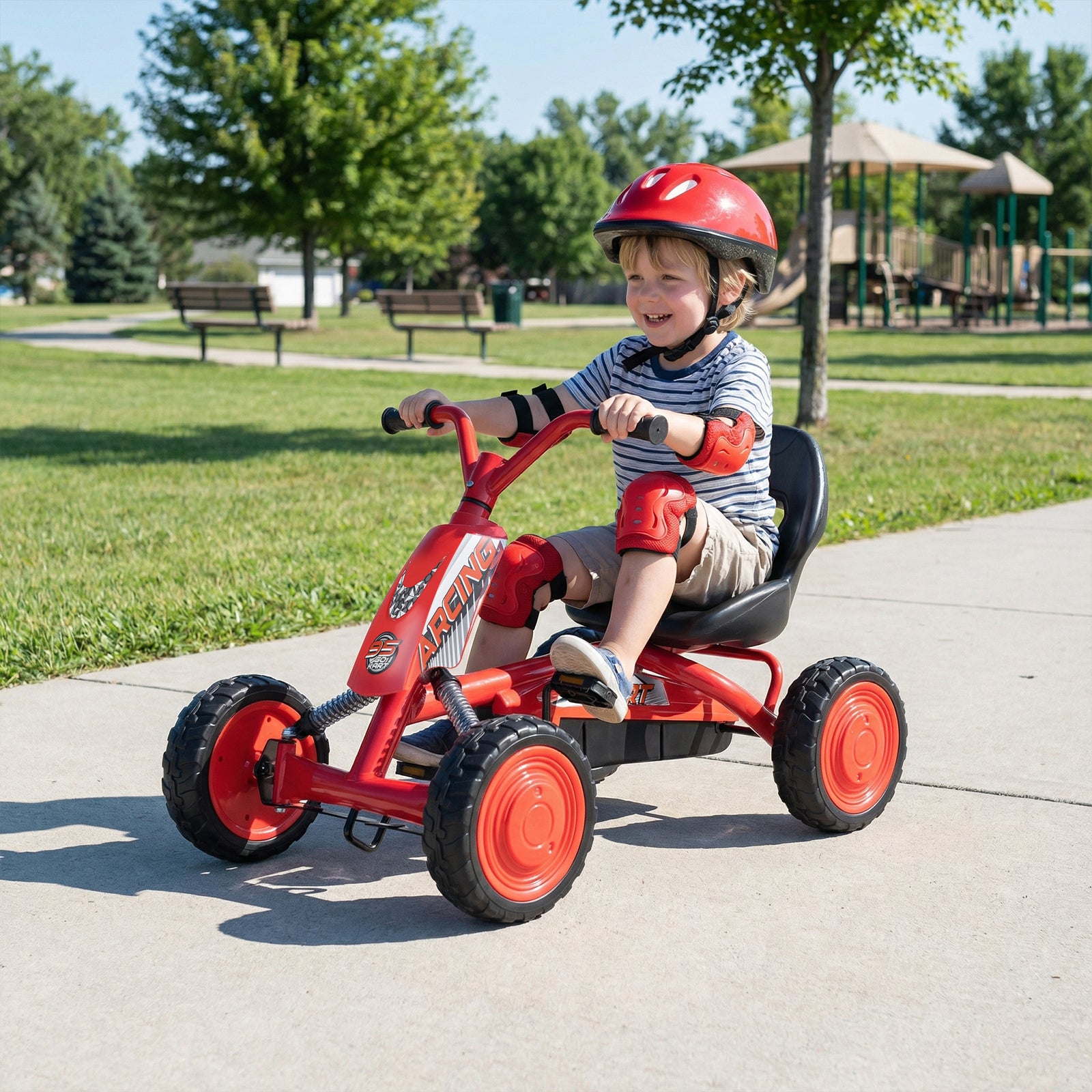 Costway Kart à pédales pour enfants, Siège réglable à 2 positions, 4 roues robustes, Capacité de charge 30 kg, Convient aux 3-8 ans, Rouge