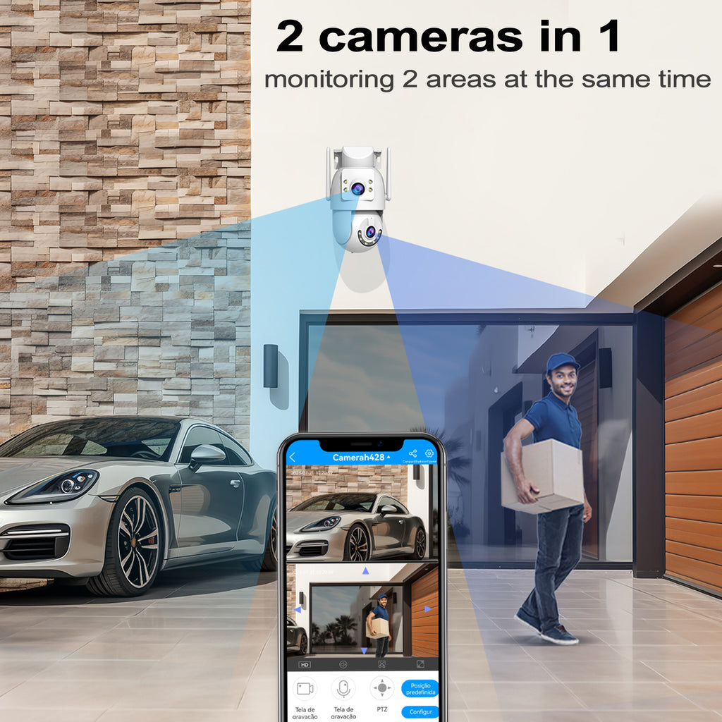 JOOAN Caméra de sécurité extérieure HD 2K à double objectif, Double Wi-Fi 5 GHz 2,4 GHz filaire, Rotation PTZ, Audio bidirectionnel, Alarme sonore et lumineuse, Suivi automatique