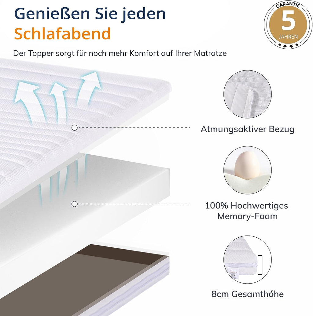 EGO HOME Surmatelas 180 x 200 cm - Surmatelas en mousse à mémoire de 8 cm H2, doux, surmatelas de confort premium avec housse amovible et lavable, respirant
