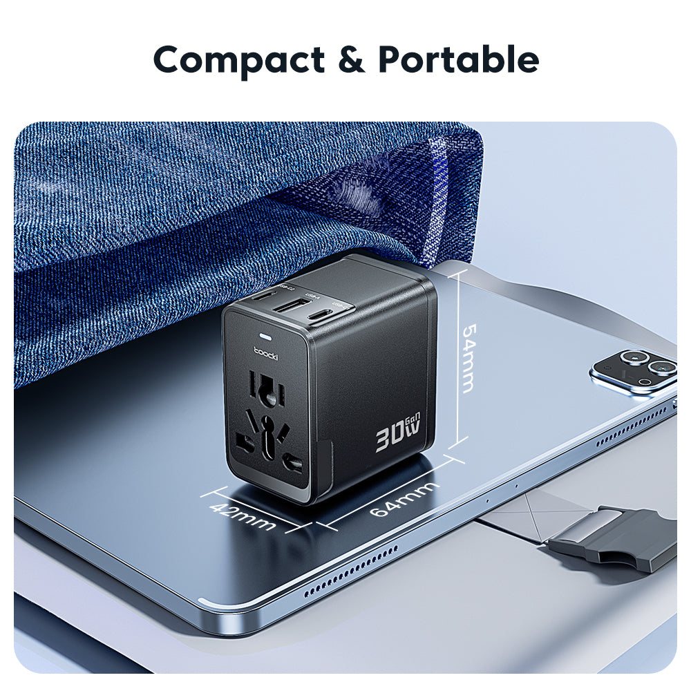 toocki Adaptateur de voyage universel 30 W, chargeur rapide PD – Adaptateur d’alimentation international avec 1 port USB-A et 2 ports USB-C – Adaptateur de prise pour EU, UK, US, AUS